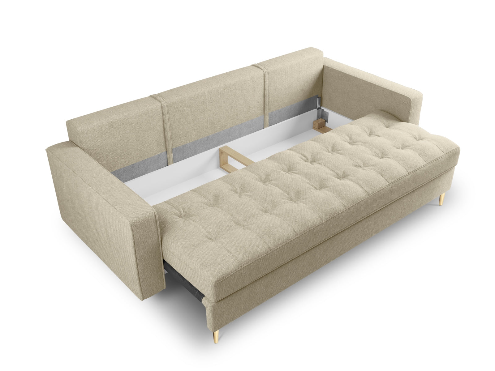 Beige 3-Sitzer Sofa Aspen, elegantes Bettsofa mit praktischer Schlaffunktion und integriertem Stauraum für optimalen Komfort und Flexibilität.