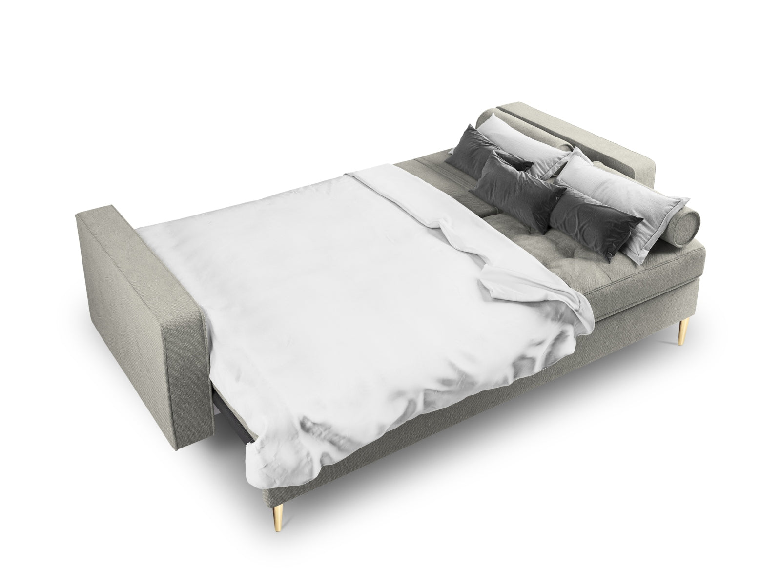 Elegantes 3-Sitzer Bettsofa Aspen in Grau, ideal für kleine Räume, bietet eine komfortable Schlaffunktion und cleveren Stauraum.