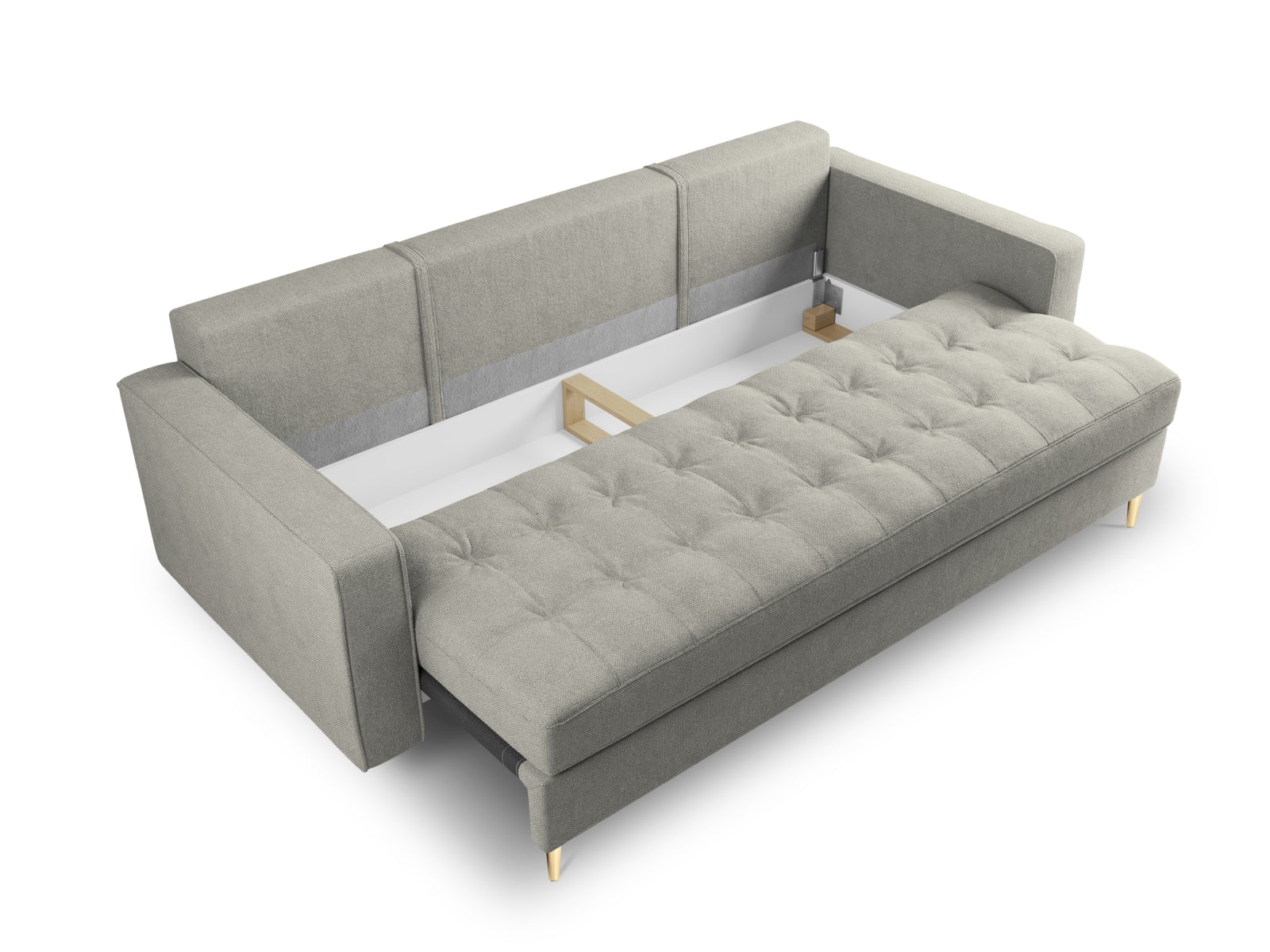 Modernes 3-Sitzer Sofa Aspen in stilvollem Grau, perfekt für multifunktionale Wohnräume, mit praktischer Schlaffunktion und integriertem Stauraum.