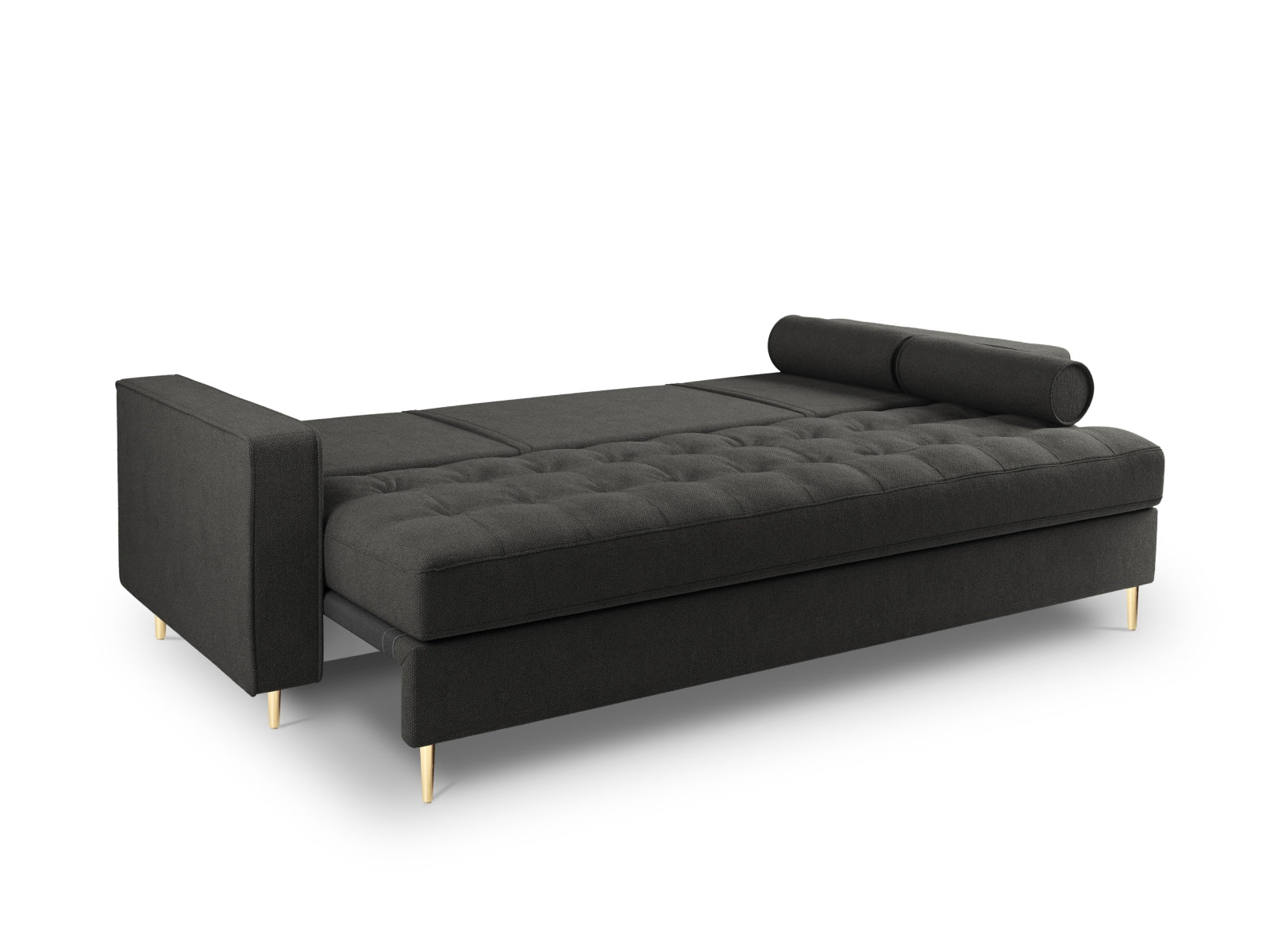 Elegantes 3-Sitzer Sofa Aspen in Dunkelgrau, vereint modernes Design mit praktischer Schlaffunktion und cleverem Stauraum.