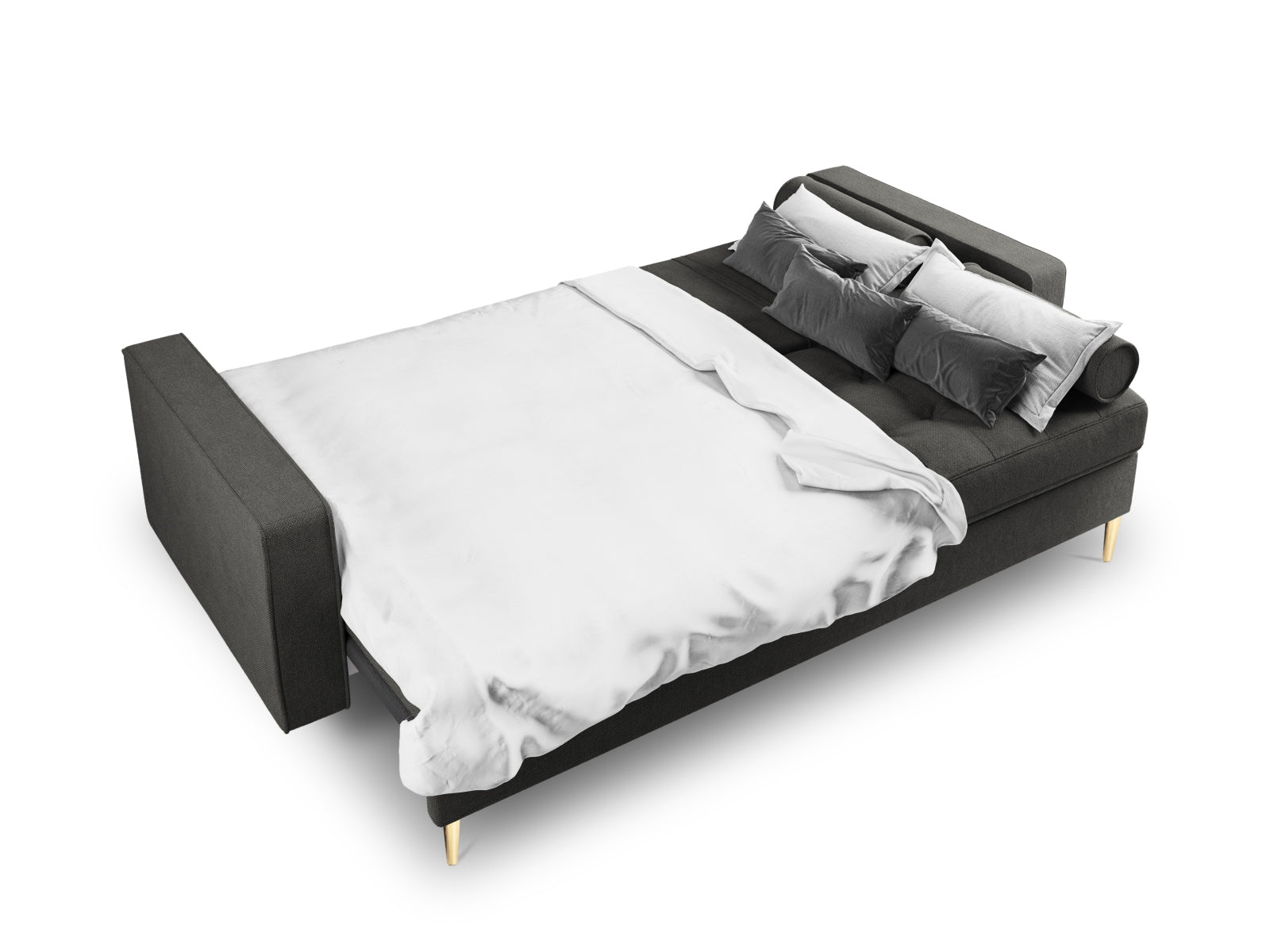 Stylisches 3-Sitzer Bettsofa Aspen in Dunkelgrau, ideal für Wohnräume, bietet Schlafgelegenheit und praktischen Stauraum.