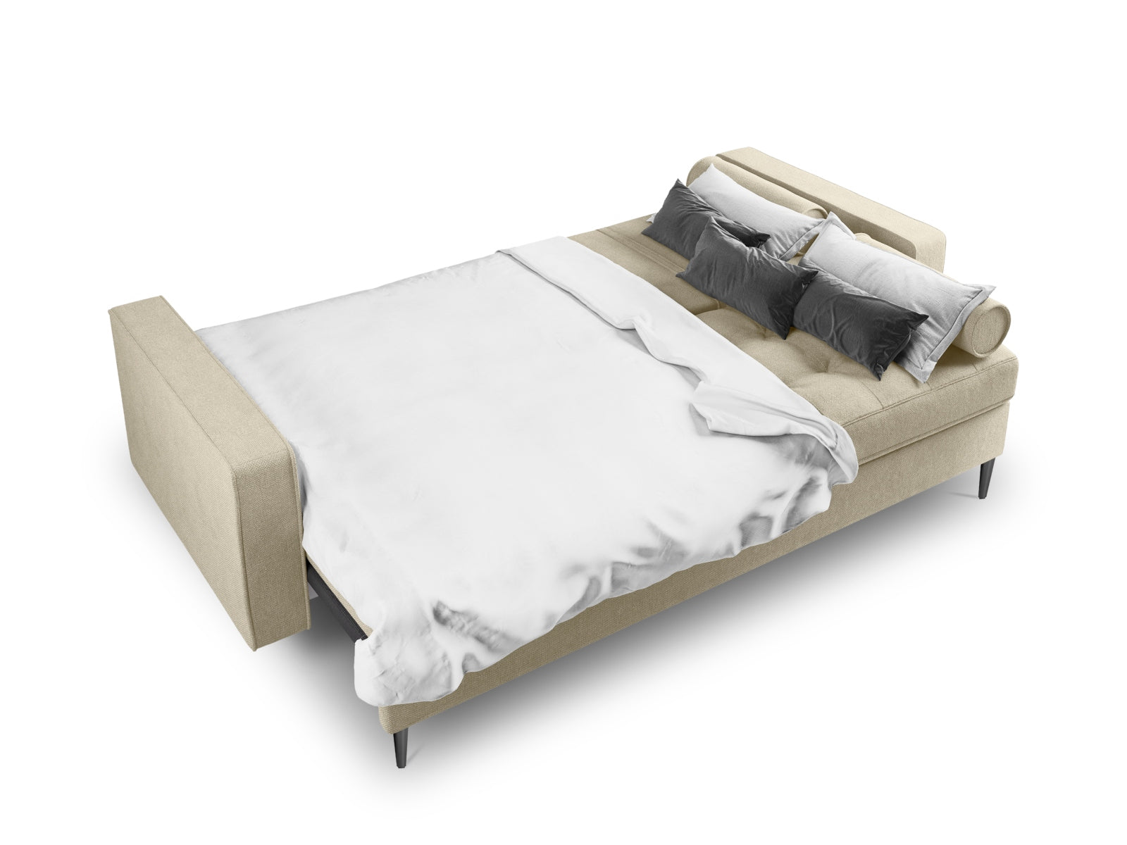 Elegantes 3-Sitzer Sofa Aspen in neutralem Beige, perfekt für Gästeübernachtungen und mit praktischem Stauraum für mehr Ordnung.