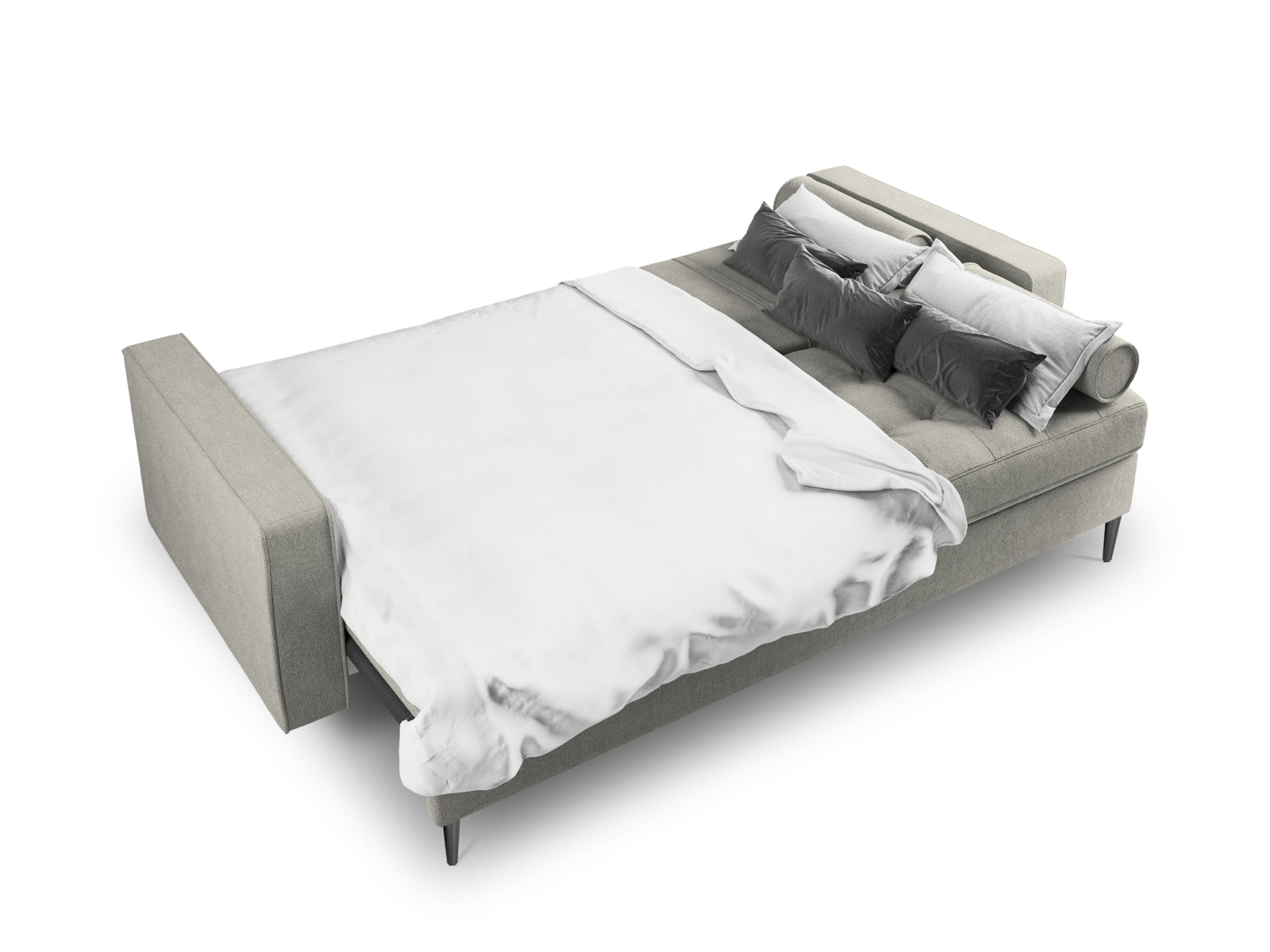 Modernes 3-Sitzer Sofa Aspen in stilvollem Grau, perfekt für Gästezimmer, mit integrierter Schlaffunktion und praktischem Stauraum.