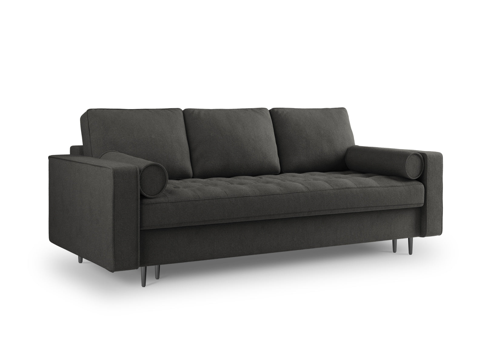 Modernes 3-Sitzer Sofa Aspen in elegantem Dunkelgrau, perfekt für Gästeübernachtungen und zur Aufbewahrung von Decken und Kissen.