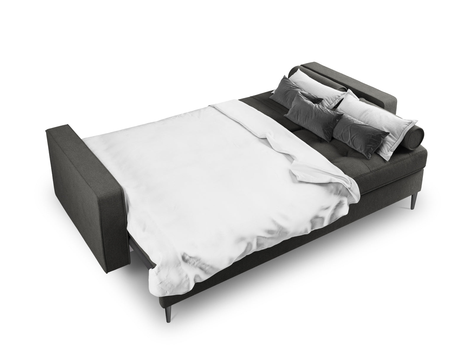 Modernes 3-Sitzer Sofa Aspen in elegantem Dunkelgrau, perfekt für kompakte Wohnräume, bietet Schlafgelegenheit und cleveren Stauraum.