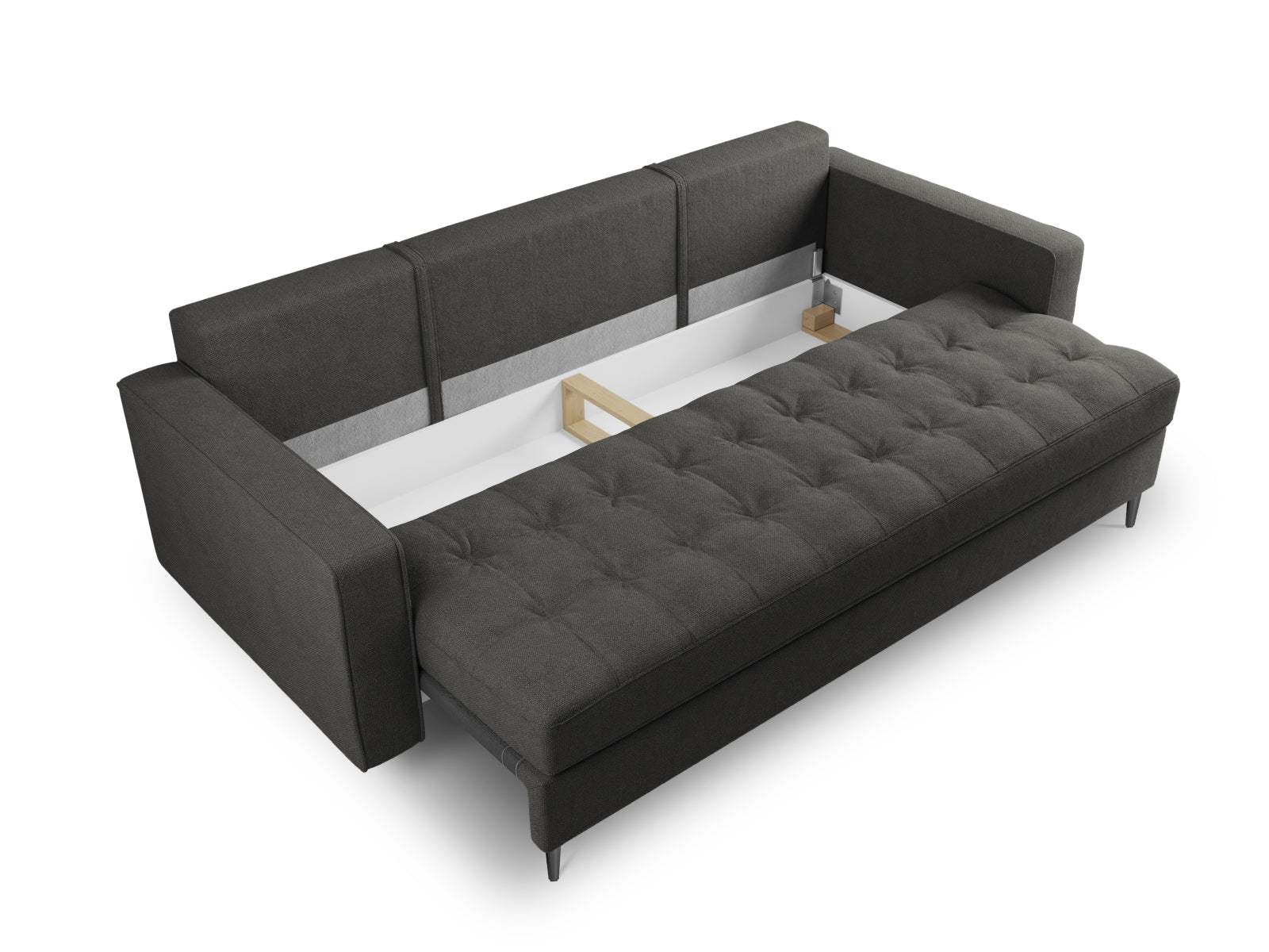 Stylisches 3-Sitzer Bettsofa Aspen in dunklem Grau, ideal für kleine Räume, mit praktischer Schlaffunktion und integriertem Stauraum.