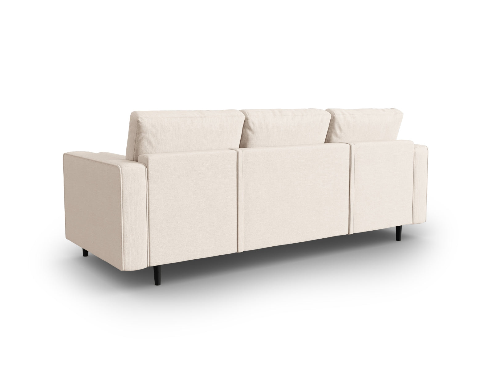 Modernes 3-Sitzer Sofa Aspen in sanftem Beige, perfekt für stilvolle Wohnzimmer, mit cleverer Schlaffunktion und integriertem Stauraum.