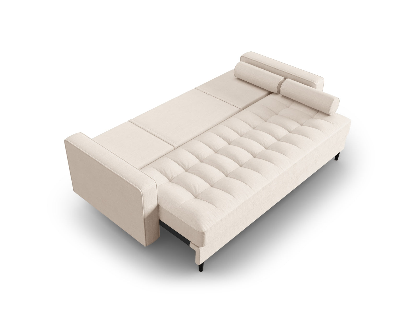 Elegantes 3-Sitzer Sofa Aspen in neutralem Beige, ideal für gemütliche Räume, bietet praktische Schlaffunktion und zusätzlichen Stauraum.