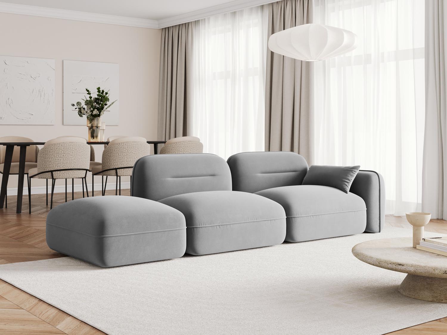 Elegantes Sydney Velour 3-Sitzer Sofa in hellem Grau, ideal für moderne Wohnräume, präsentiert von Cosmopolitan Design.