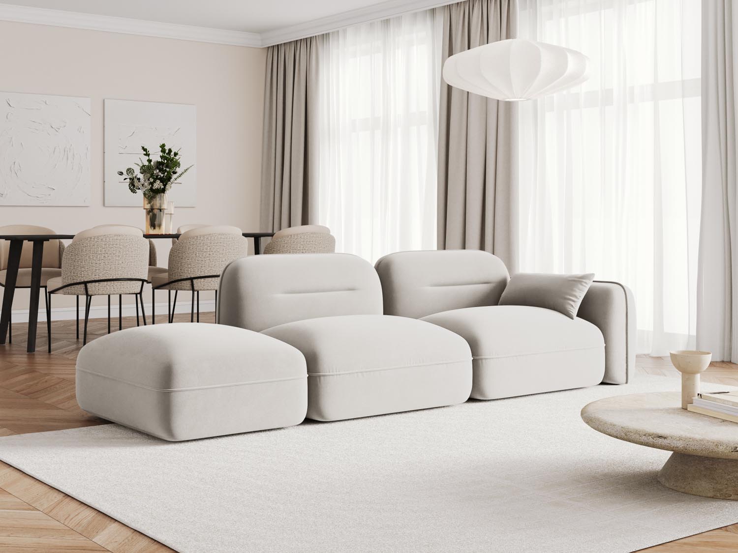 Elegantes Sydney Velour 3-Sitzer Sofa in hellem Beige, ideal für stilvolle Wohnräume, präsentiert von Cosmopolitan Design.