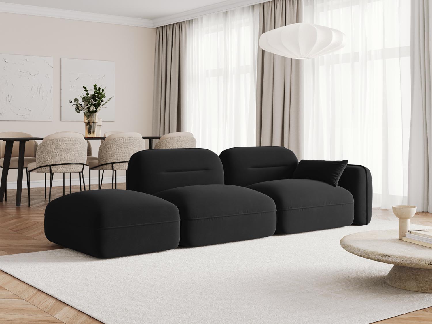 Elegantes Sydney Velour 3-Sitzer Sofa in Schwarz, ideal für moderne Wohnräume, präsentiert von Cosmopolitan Design.