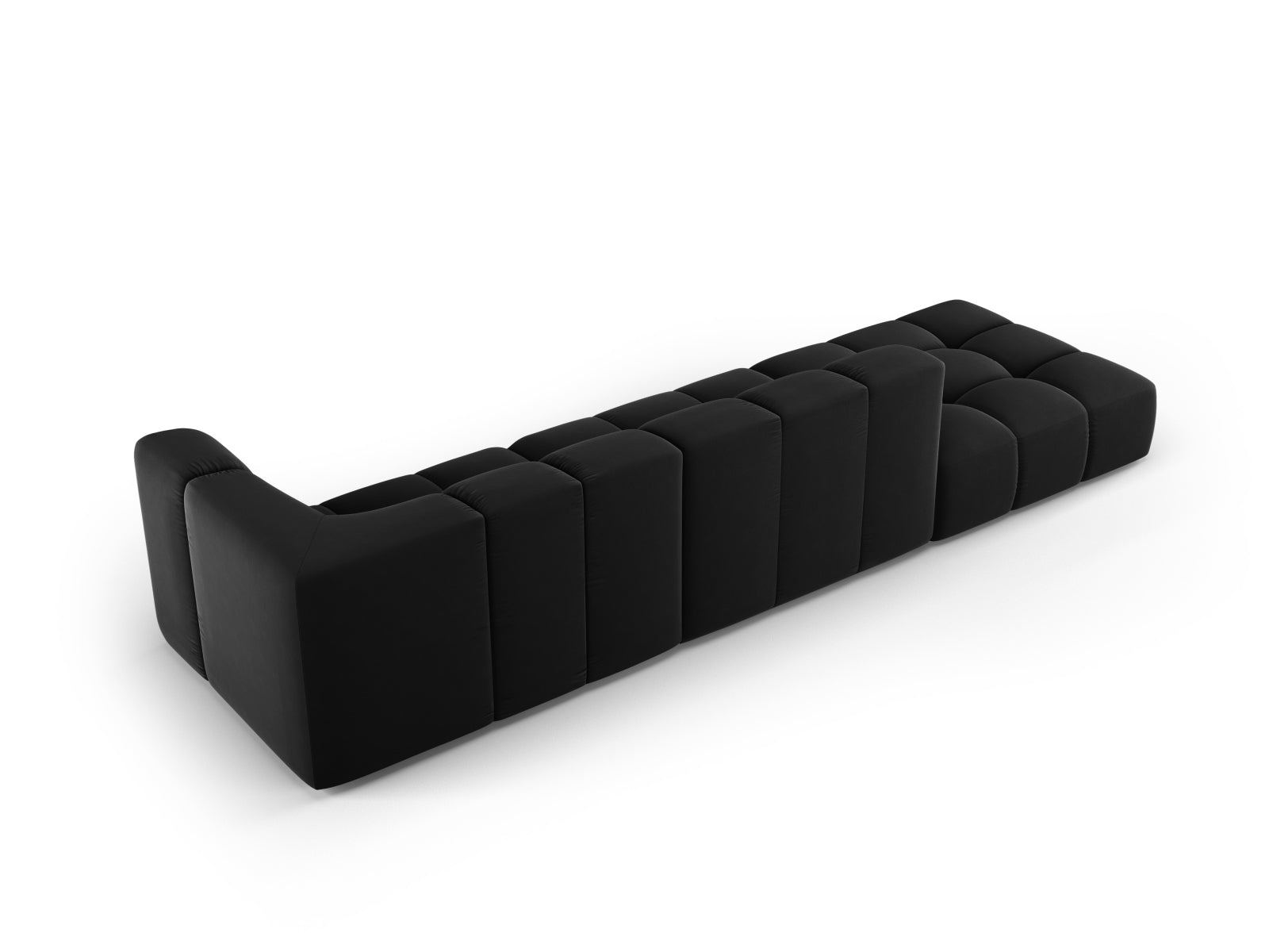 Modulares 4-Sitzer Sofa Moritz in Black-Bluvel, perfekt für zeitgemäße Interiors, vereint Komfort und modernes Design.