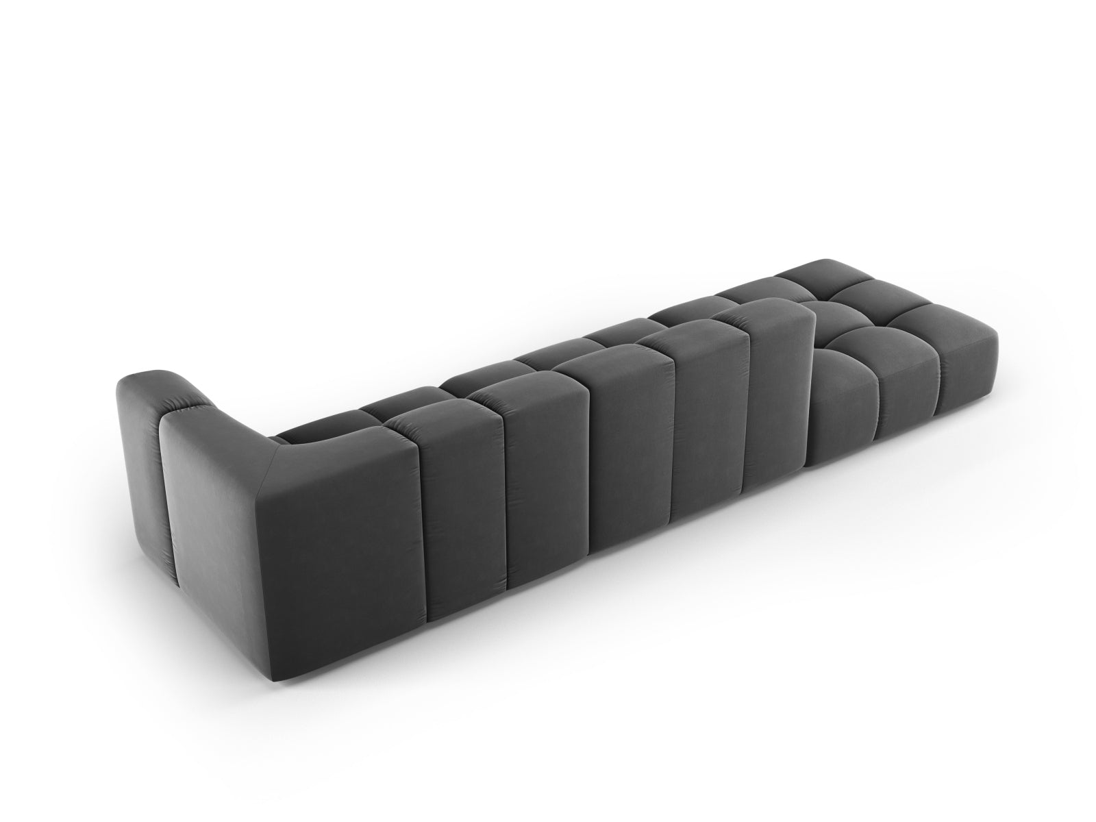 Modulares 4-Sitzer Sofa Moritz in stilvollem Grau-Bluvel, perfekt für zeitgemäße Wohnkonzepte und gemütliche Zusammenkünfte.