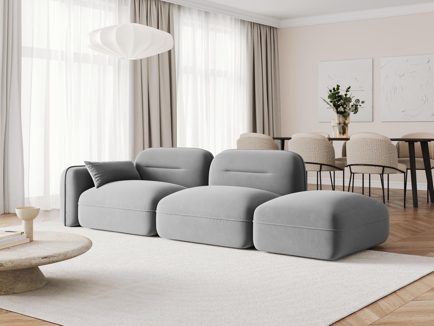 Elegantes 3-Sitzer Sofa "Sydney" in hellgrauem Velours, modular und rechtsseitig, ideal für stilvolle Wohnräume.