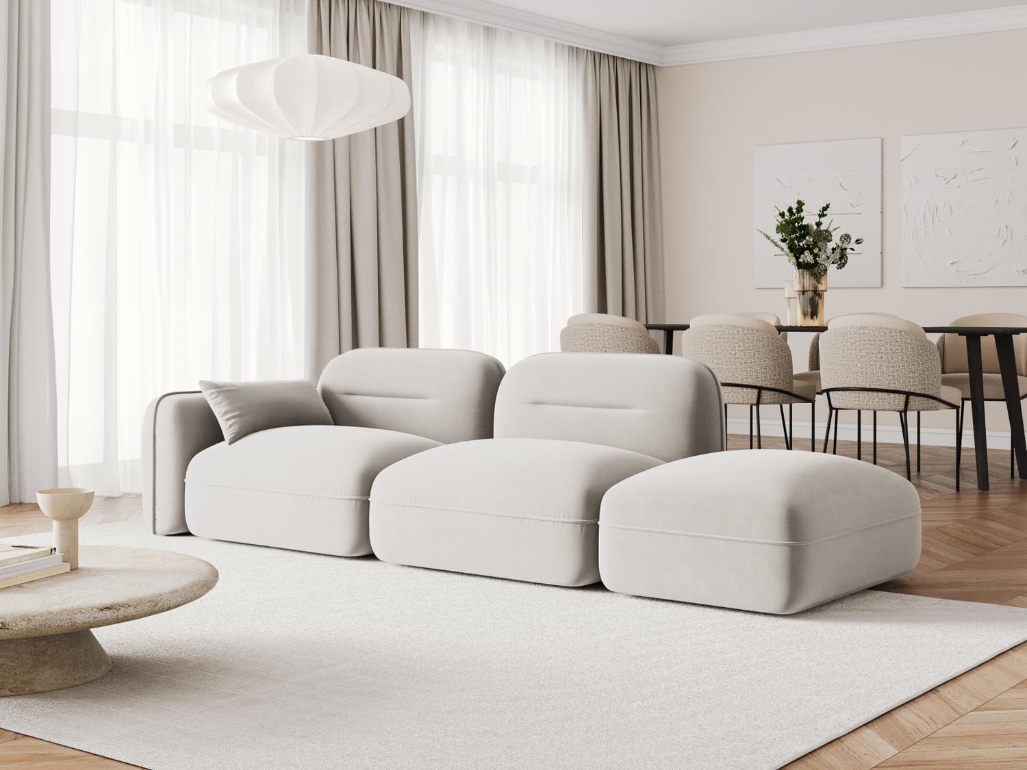 Elegantes 3-Sitzer Sofa "Sydney" in hellem Velours, modular und rechtsseitig, ideal für stilvolle Wohnräume.