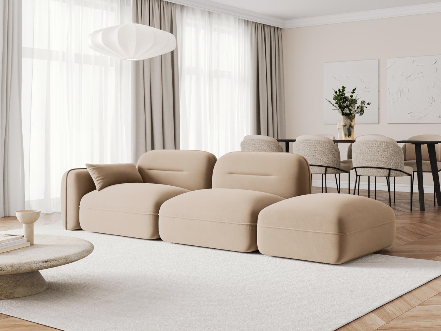 Elegantes Sydney Velour Modular Sofa in Sand-Casino, 3-Sitzer, ideal für stilvolle Wohnräume, präsentiert von Cosmopolitan Design.