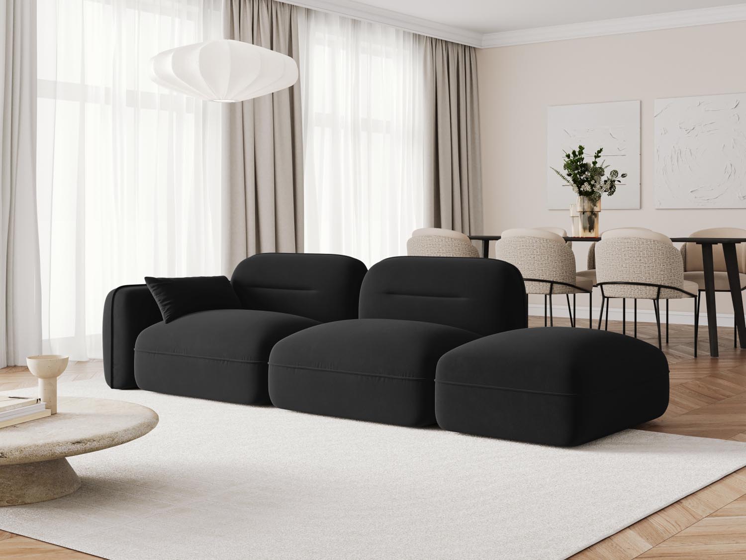 Elegantes Sydney Velour Modular Sofa in Schwarz, 3-Sitzer, ideal für stilvolle Wohnräume, präsentiert von Cosmopolitan Design.