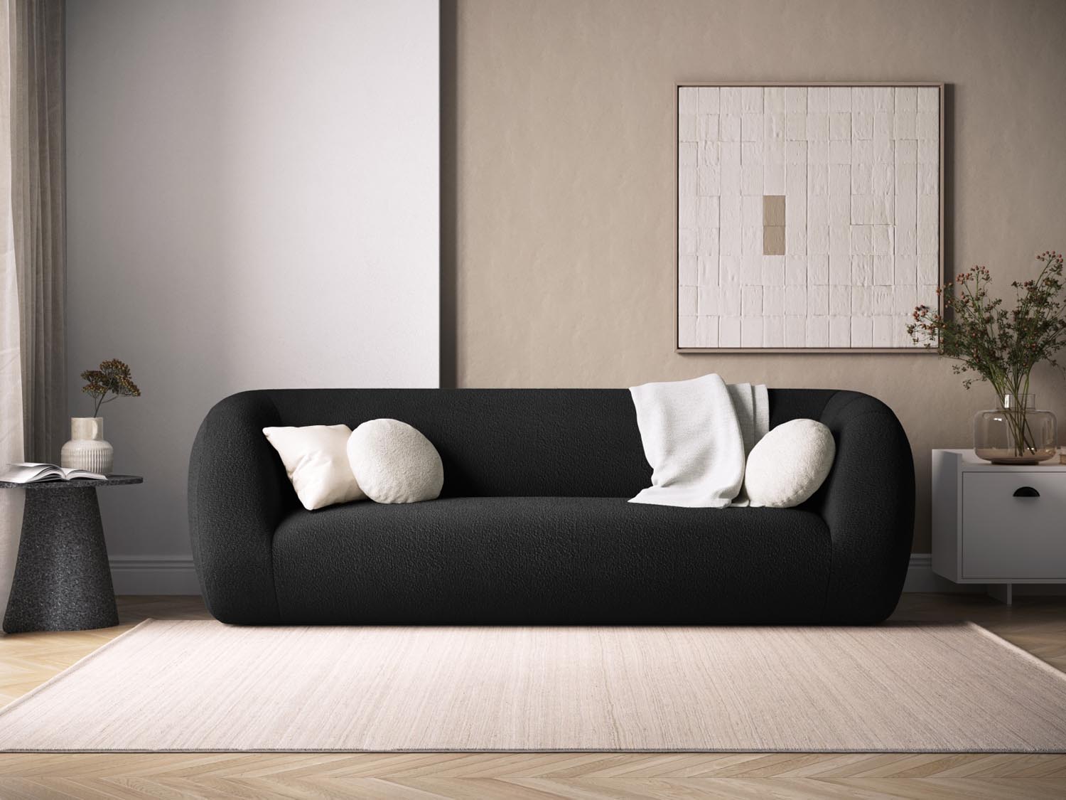 Erleben Sie das stilvolle Essen Boucle Sofa 3 Sitzer von Cosmopolitan Design. Ideal für Ihr modernes Zuhause, vereint es Komfort und Eleganz.