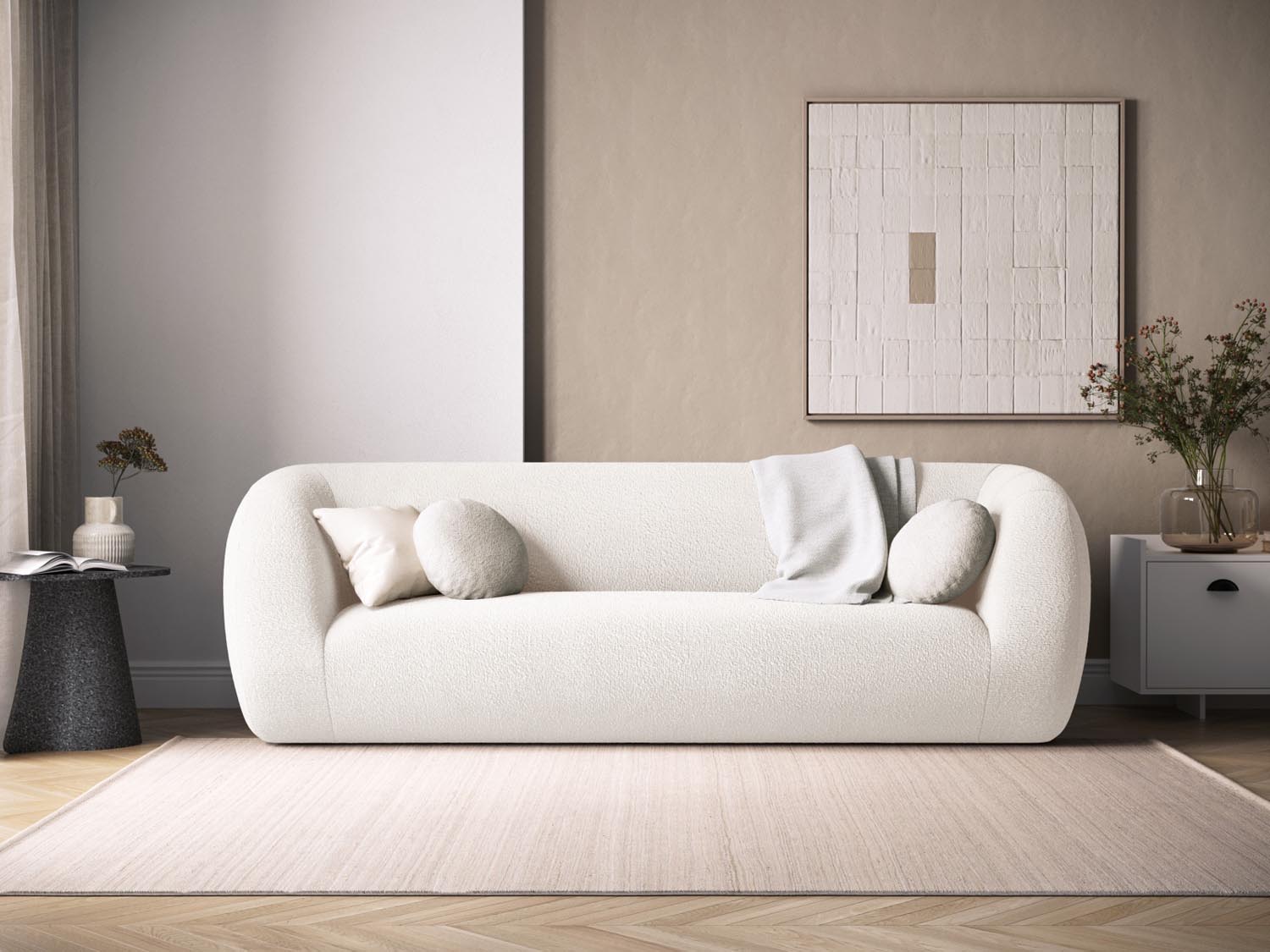 Entdecken Sie das elegante Essen Boucle Sofa 3 Sitzer von Cosmopolitan Design. Perfekt für stilvolle Wohnräume, vereint es Komfort und modernes Design.