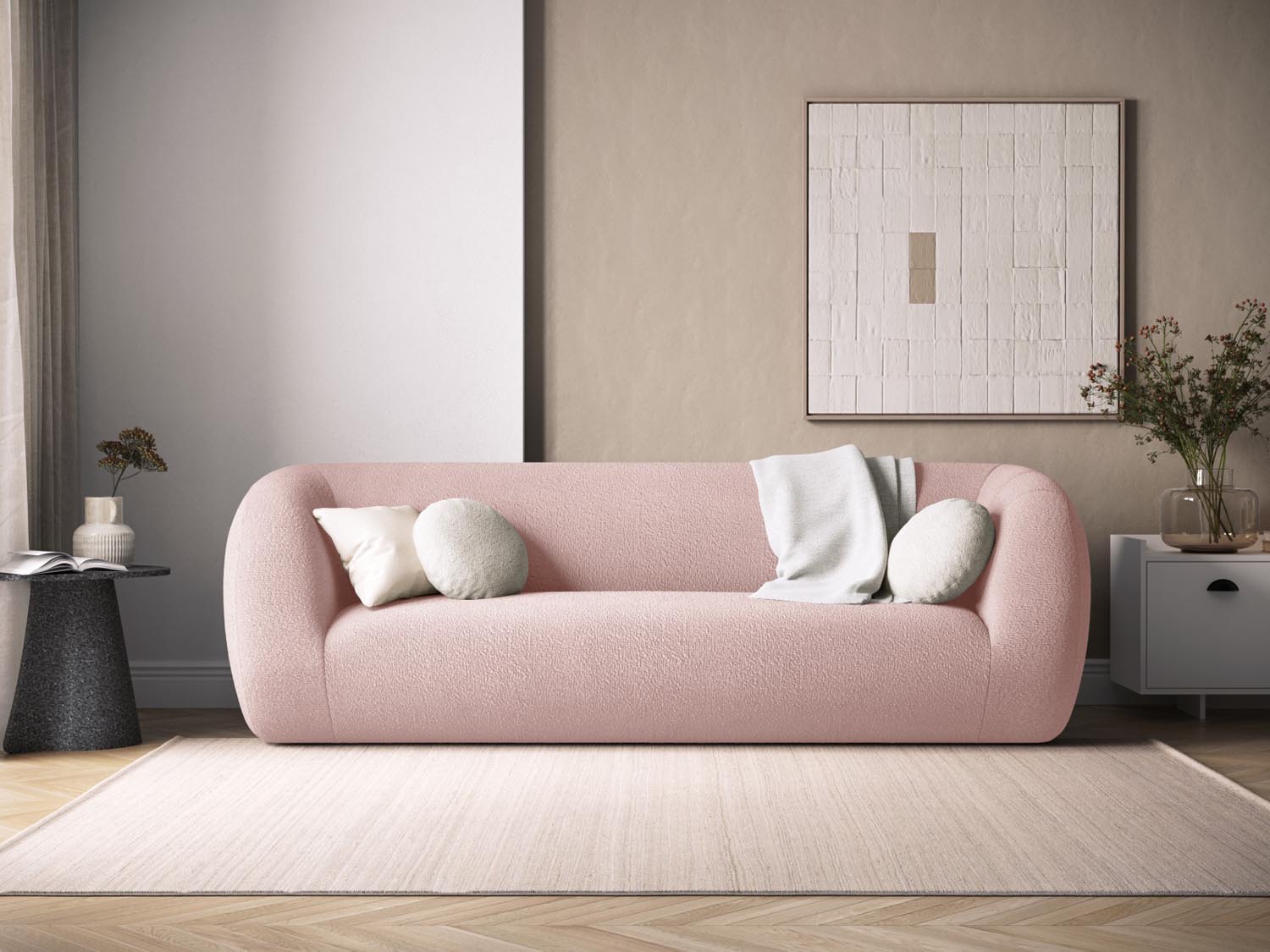 Erleben Sie das stilvolle Essen Boucle Sofa 3 Sitzer von Cosmopolitan Design. Ideal für Ihr modernes Zuhause, vereint es Komfort und Eleganz.
