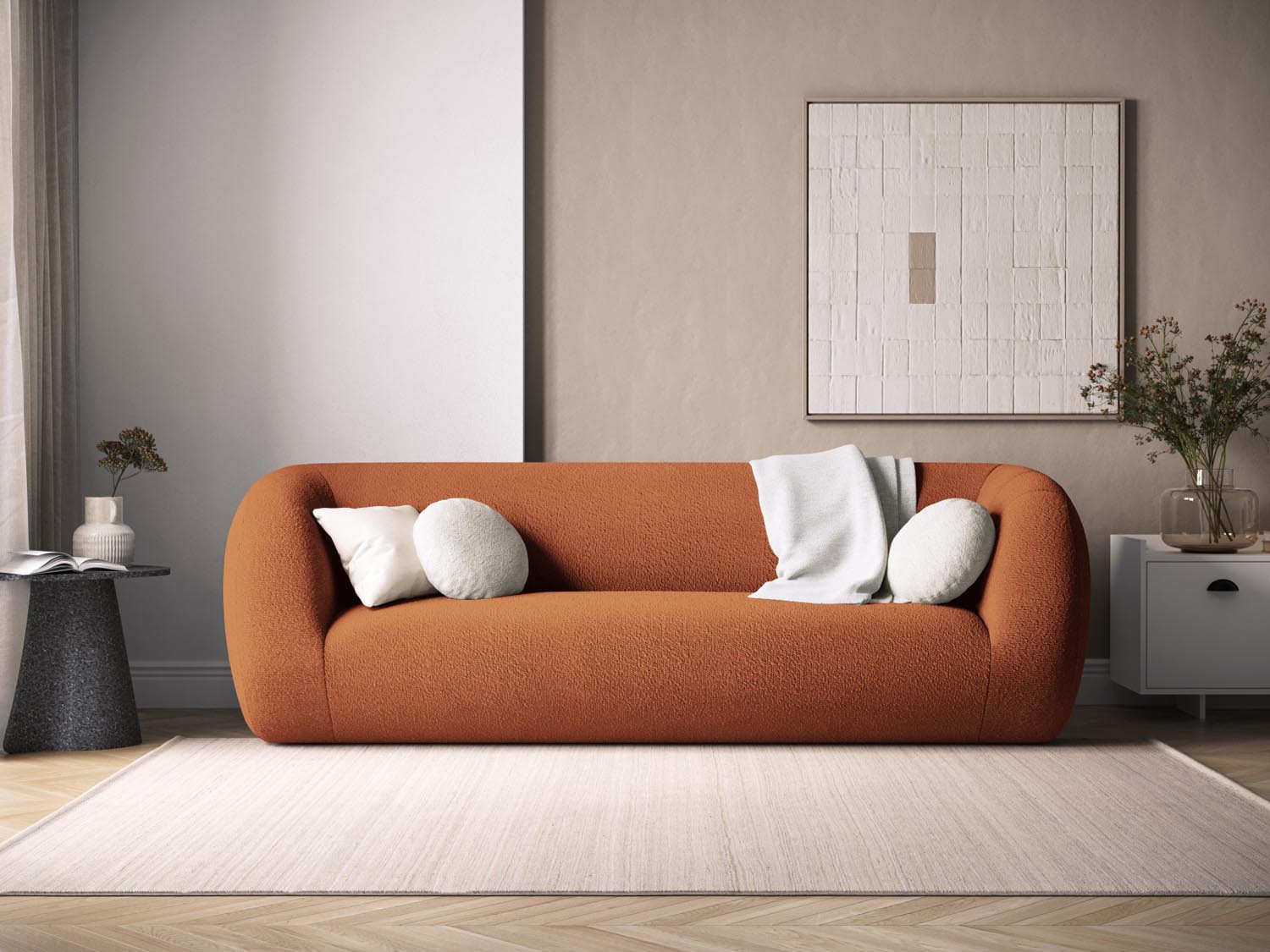 Entdecken Sie das elegante Essen Boucle Sofa 3 Sitzer von Cosmopolitan Design. Perfekt für Ihr modernes Wohnzimmer, bietet es höchsten Komfort und zeitlose Schönheit.