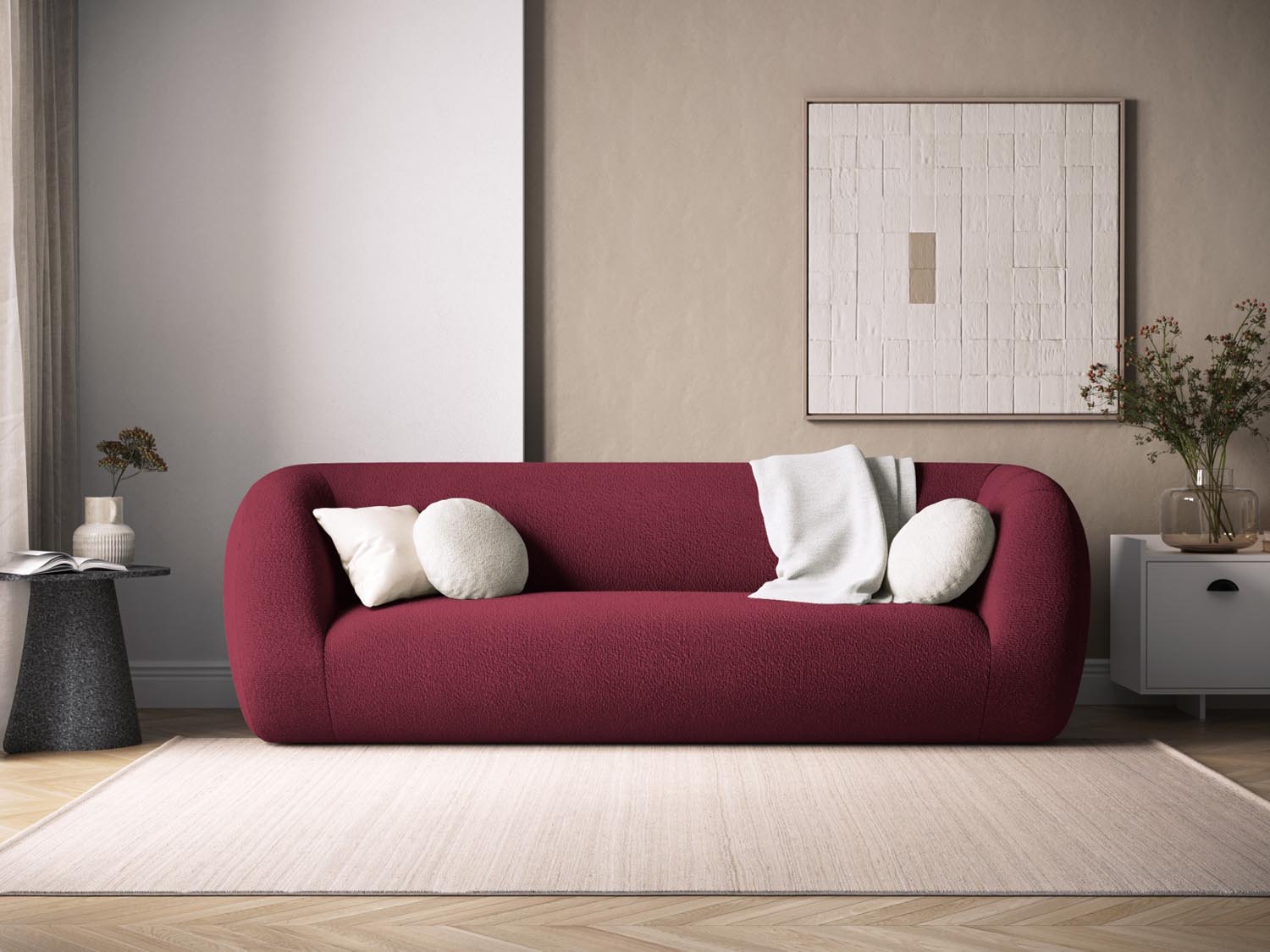 Erleben Sie das stilvolle Essen Boucle Sofa 3 Sitzer von Cosmopolitan Design. Ideal für Ihr modernes Zuhause, vereint es Komfort und Eleganz.