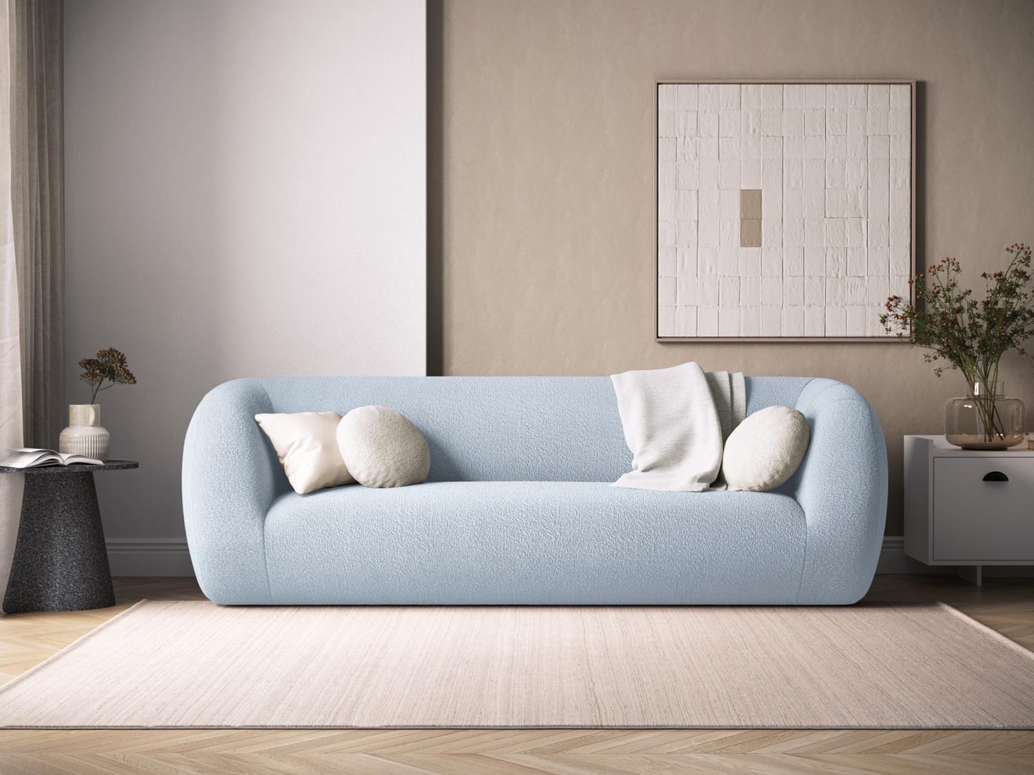 Entdecken Sie das elegante Essen Boucle Sofa 3 Sitzer von Cosmopolitan Design. Perfekt für Ihr modernes Wohnzimmer, bietet es höchsten Komfort und zeitlose Schönheit.