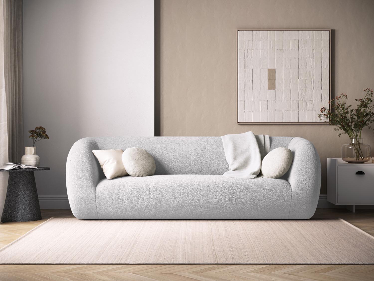 Elegantes 3-Sitzer Sofa "Essen" in Boucle-Optik, hellgrau, ideal für stilvolle Wohnräume, präsentiert von Cosmopolitan Design.