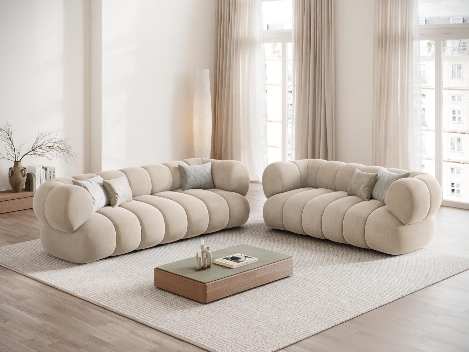 Elegantes Koge Velour Sofa in Light Beige-Vogue, 3-Sitzer mit modernem Design, ideal für stilvolle Wohnräume.