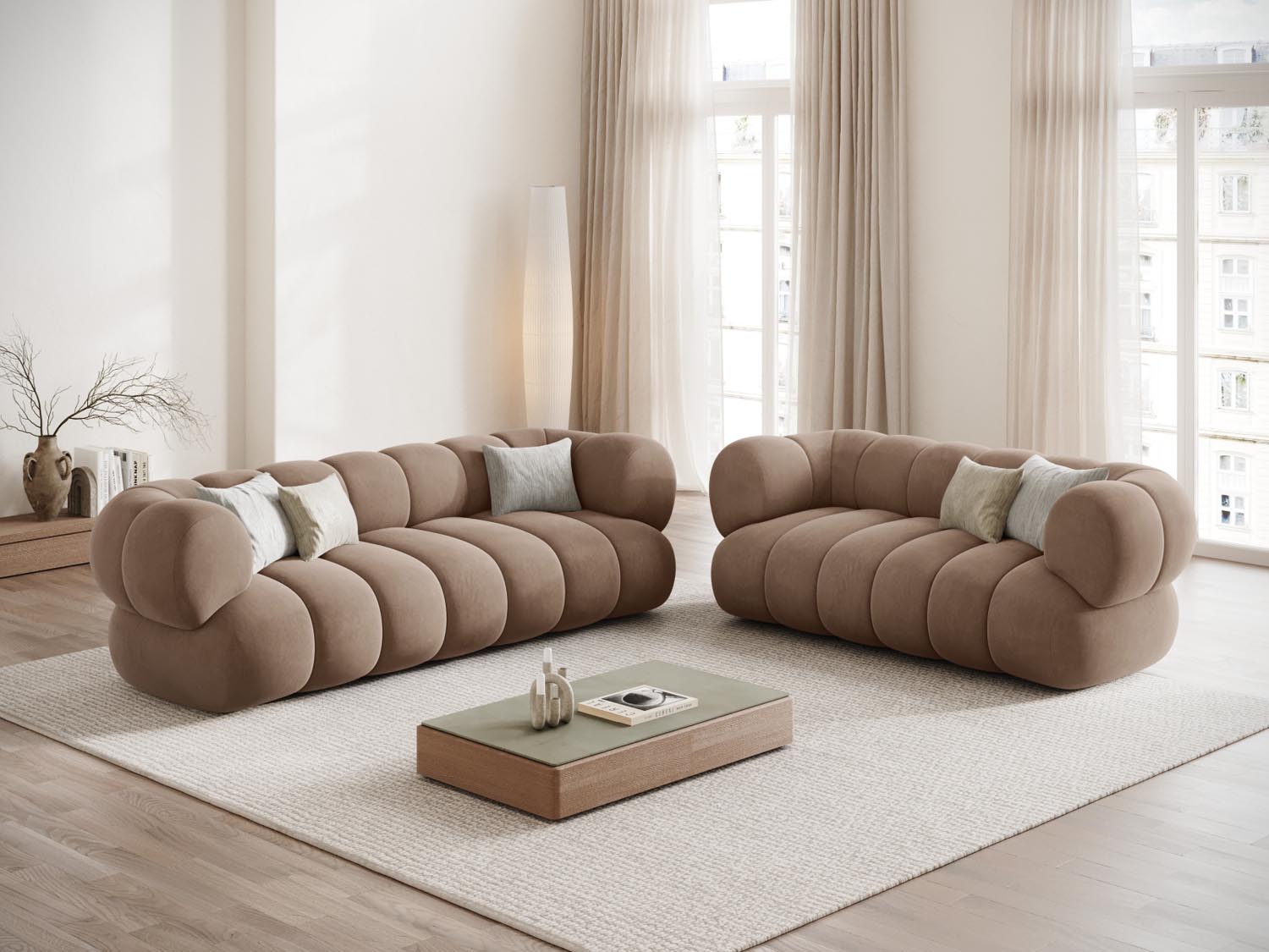 Elegantes Koge Velour Sofa in Dunkelbeige, 3-Sitzer mit modernem Design, ideal für stilvolle Wohnräume.