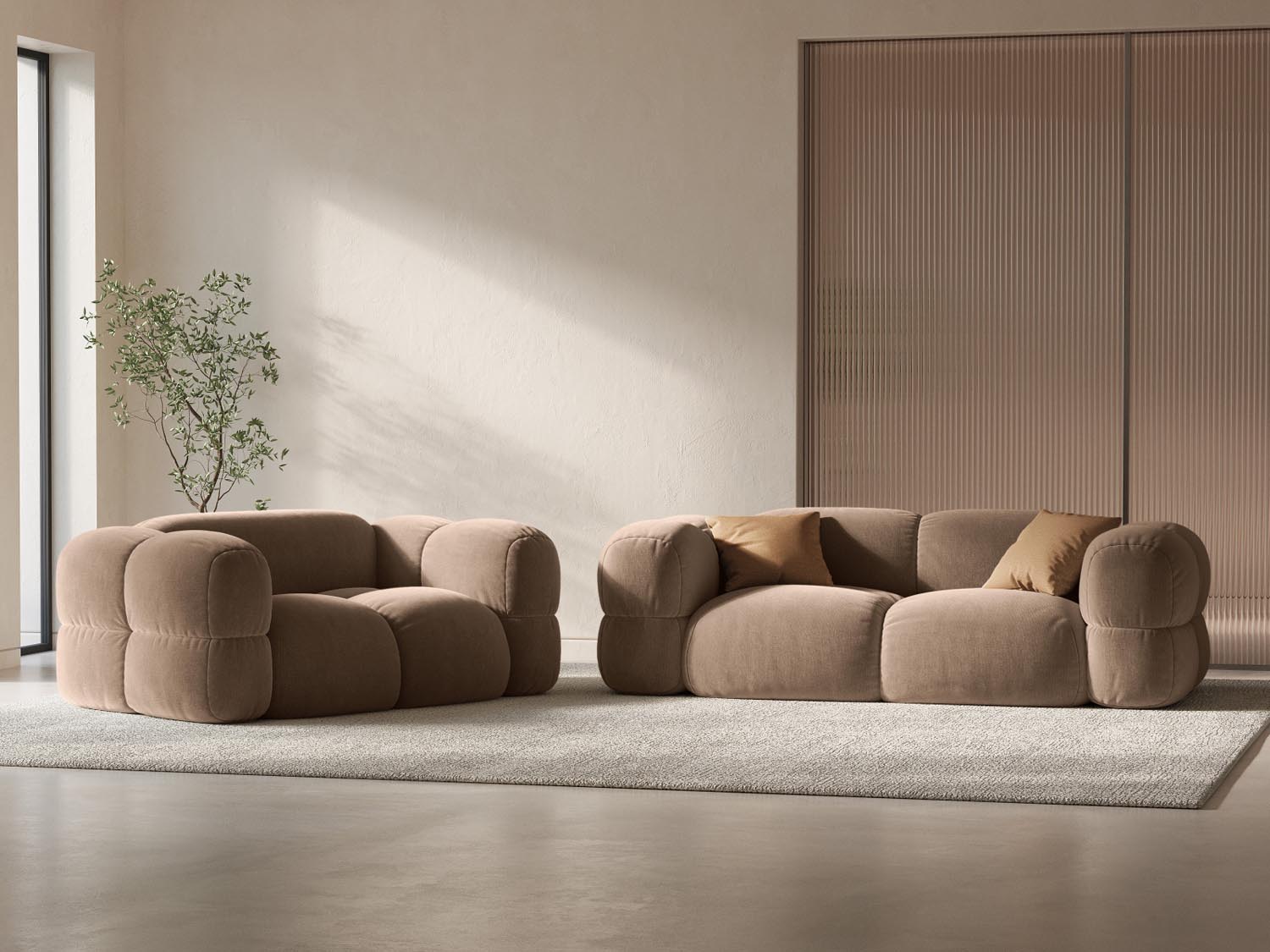 Elegantes Loretto Velour Sofa in Dunkelbeige, 3-Sitzer mit modernem Design, ideal für stilvolle Wohnräume.