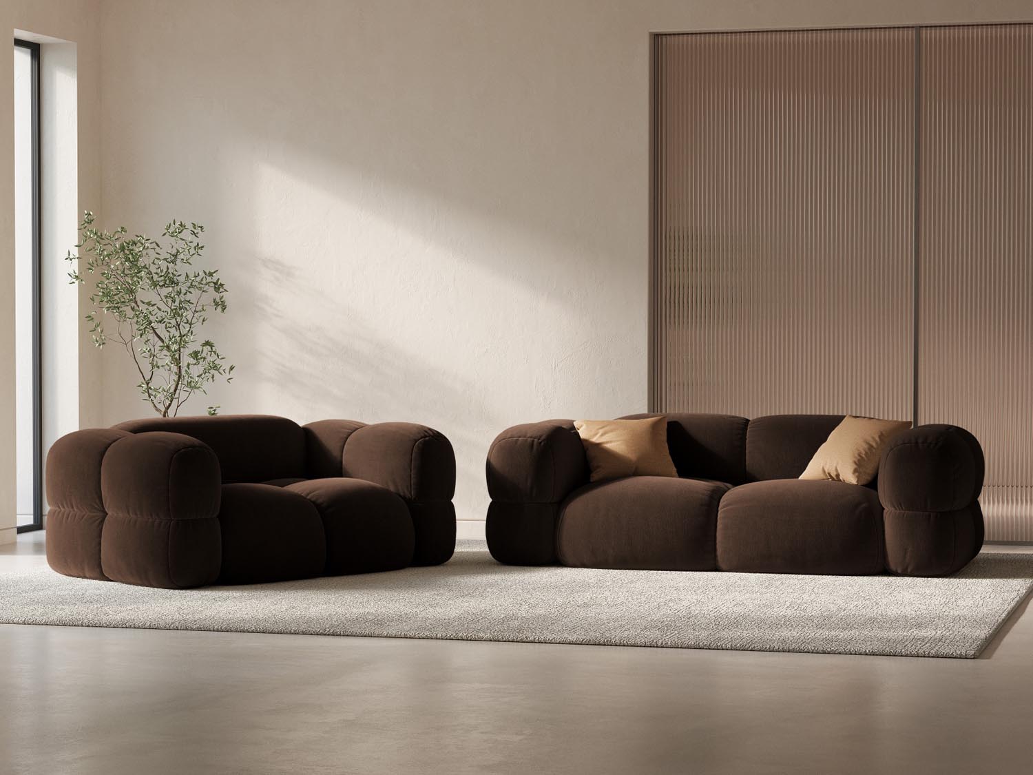 Elegantes Loretto Velour Sofa in Chocolate-Vogue, 3-Sitzer mit modernem Design, ideal für stilvolle Wohnräume.
