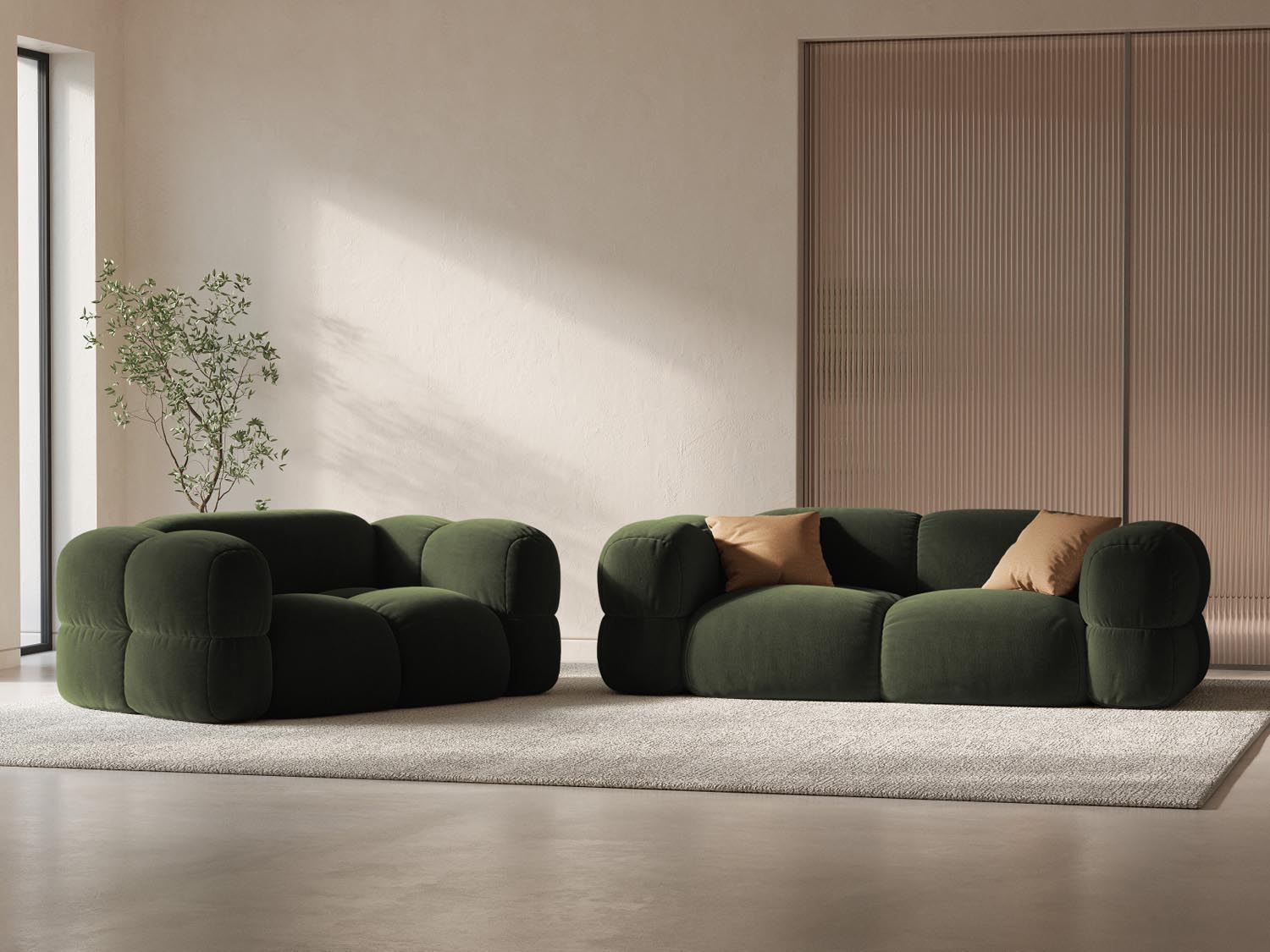 Elegantes Loretto Velour Sofa in stilvollem Grün, ideal für moderne Wohnräume. Komfortabler 3-Sitzer von Cosmopolitan Design.