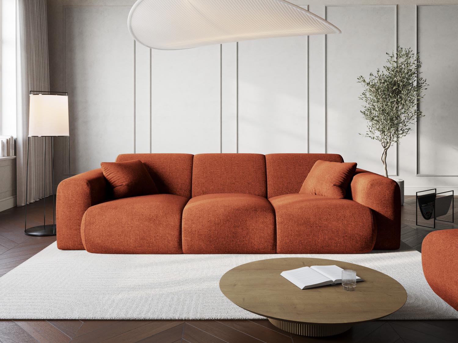 Elegantes Nolio 3-Sitzer Sofa in warmem Terracotta, ideal für stilvolle Wohnräume. Modernes Design von Cosmopolitan Design.