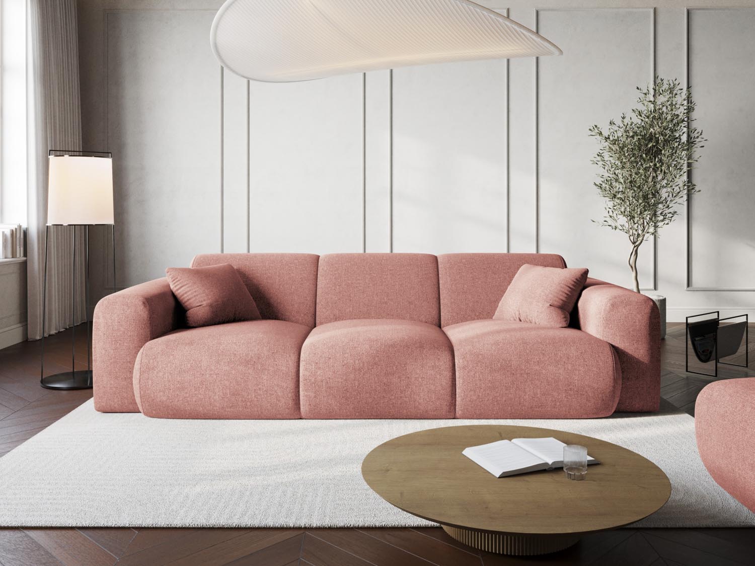 Elegantes Nolio 3-Sitzer Sofa in sanftem Pink, ideal für stilvolle Wohnräume. Modernes Design von Cosmopolitan Design.