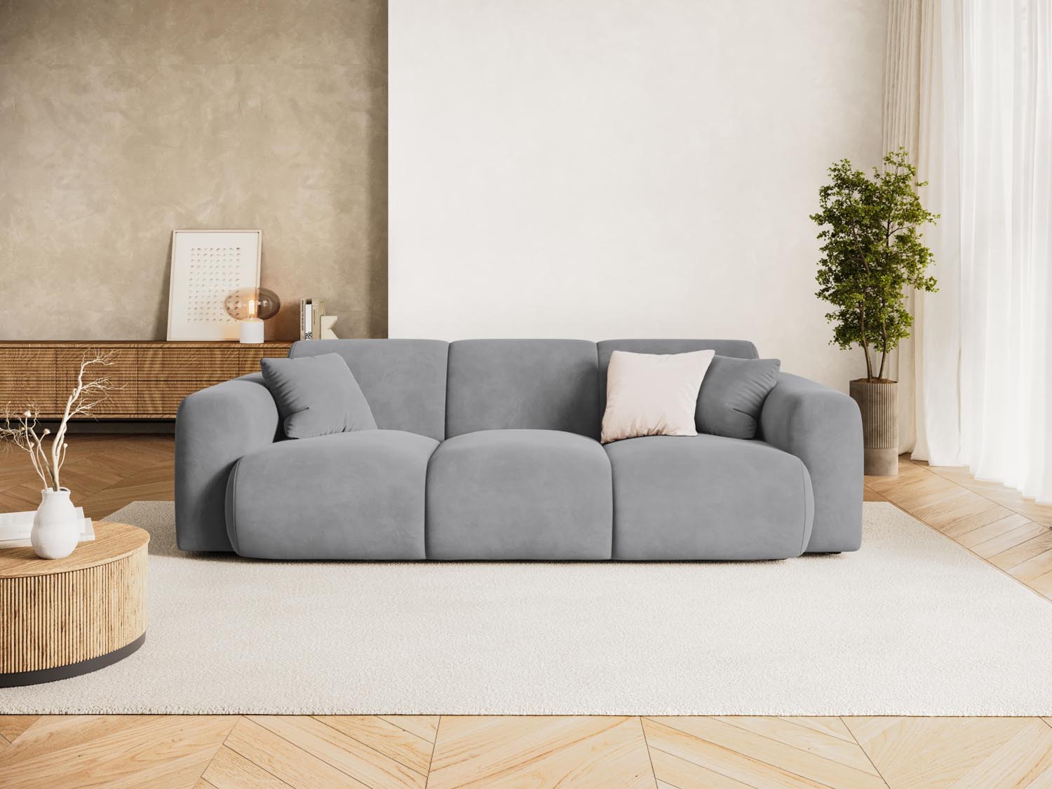 Erleben Sie das Nolio Velour Sofa 3 Sitzer (95cm) von Cosmopolitan Design – ein elegantes, platzsparendes Möbelstück, das Stil und Gemütlichkeit in Ihr Zuhause bringt.