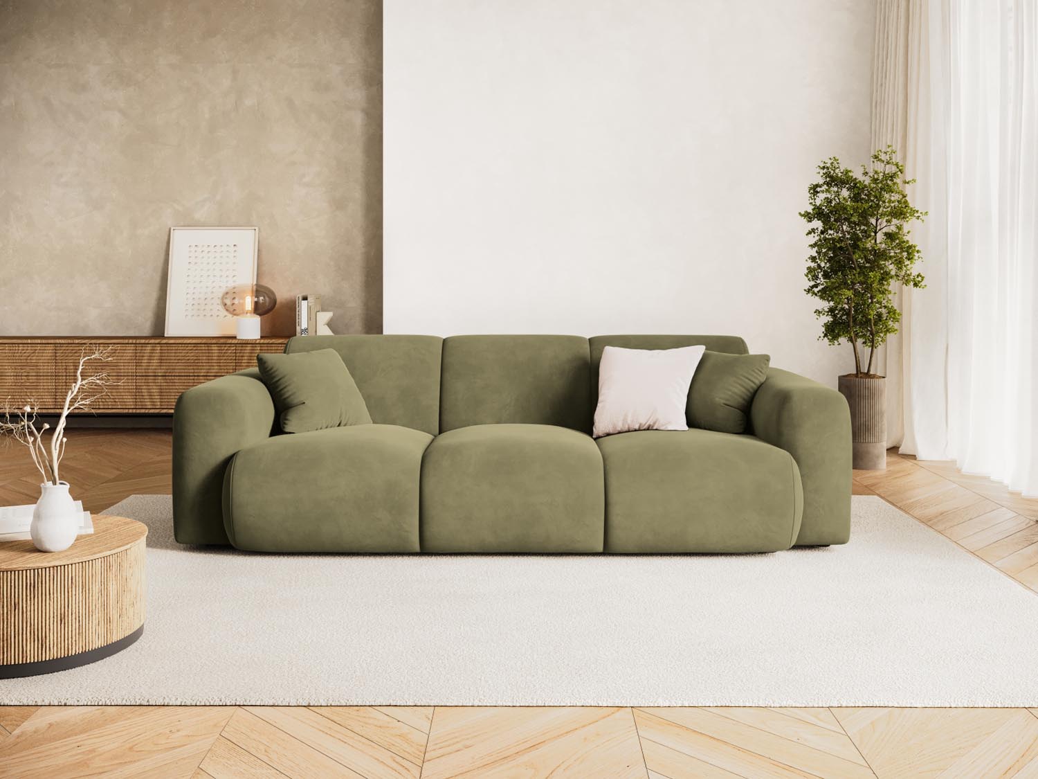 Elegantes Nolio Velour Sofa in sanftem Hellgrün, ideal für stilvolle Wohnräume. Komfortables 3-Sitzer-Design von Cosmopolitan Design.