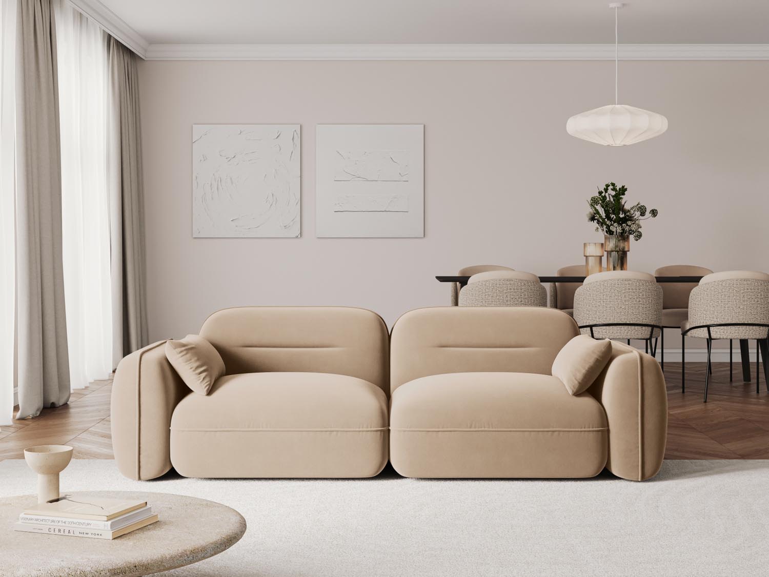 Elegantes Sydney Velour Modular Sofa in Sand-Casino, ideal für stilvolle Wohnräume, präsentiert von KAQTU Design AG.