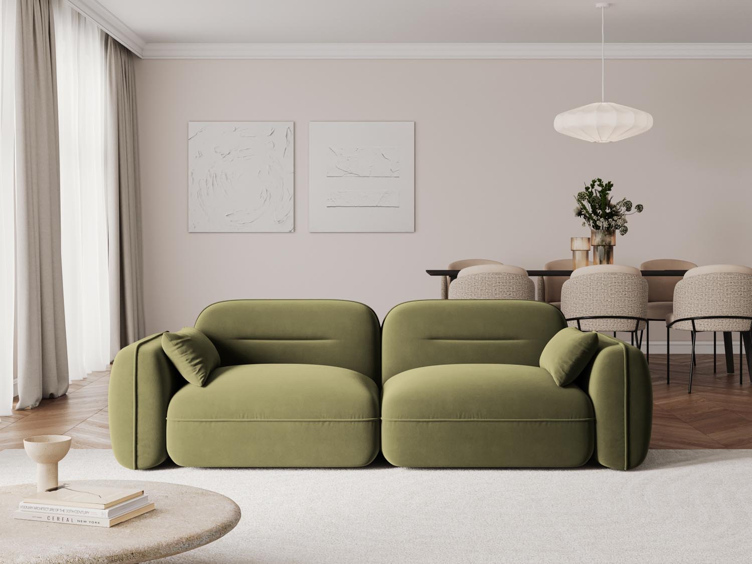 Elegantes 3-Sitzer Sofa "Sydney" aus Velours in sanftem Grün, ideal für stilvolle Wohnräume, präsentiert von Cosmopolitan Design.