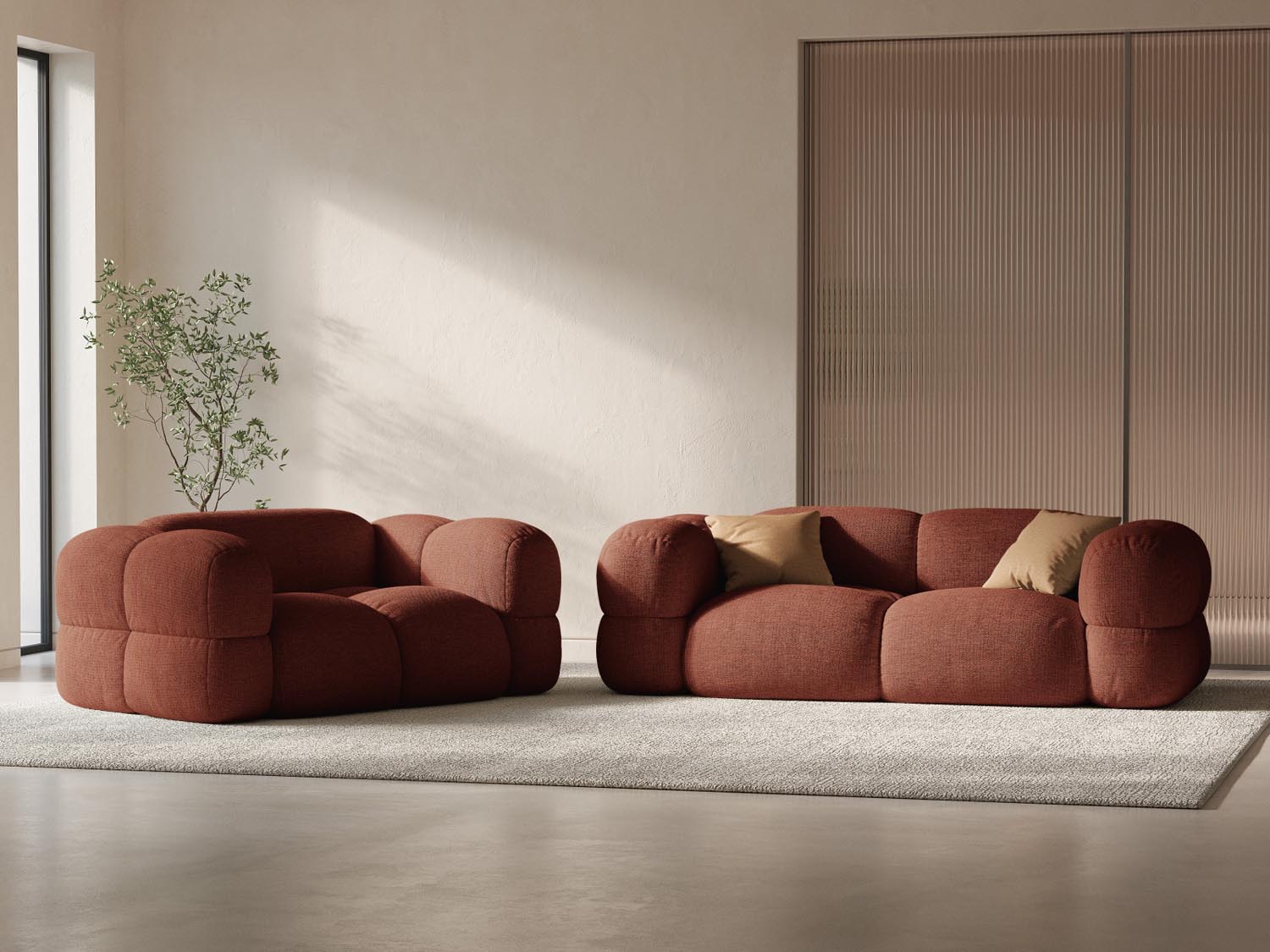 Elegantes Loretto 3-Sitzer Sofa in Coral-Sorella, ideal für stilvolle Wohnräume, präsentiert von Cosmopolitan Design.