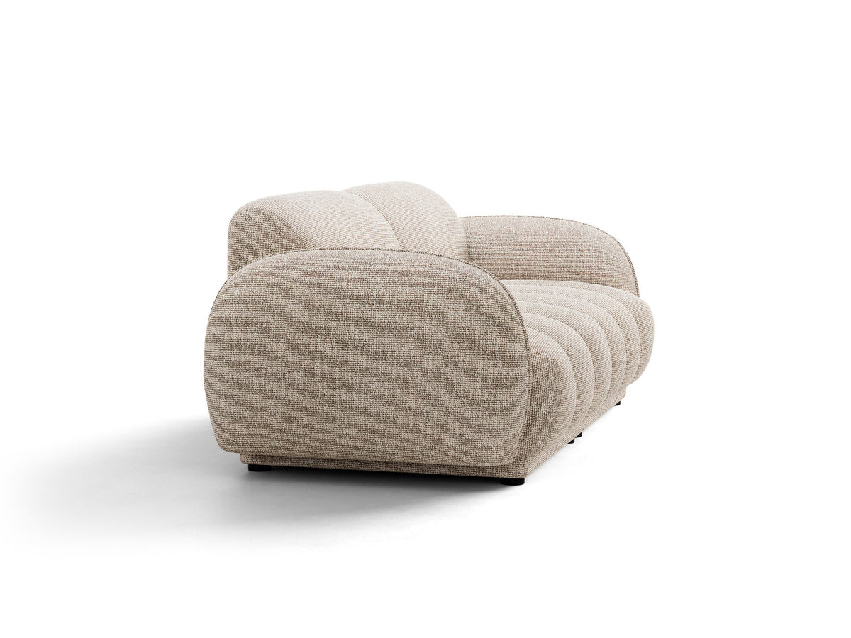 Beige-meliertes 3-Sitzer Sofa Bilbao aus Bouclé-Stoff mit Massivholzrahmen und schwarzen Kunststoffbeinen, Cosmopolitan Design.