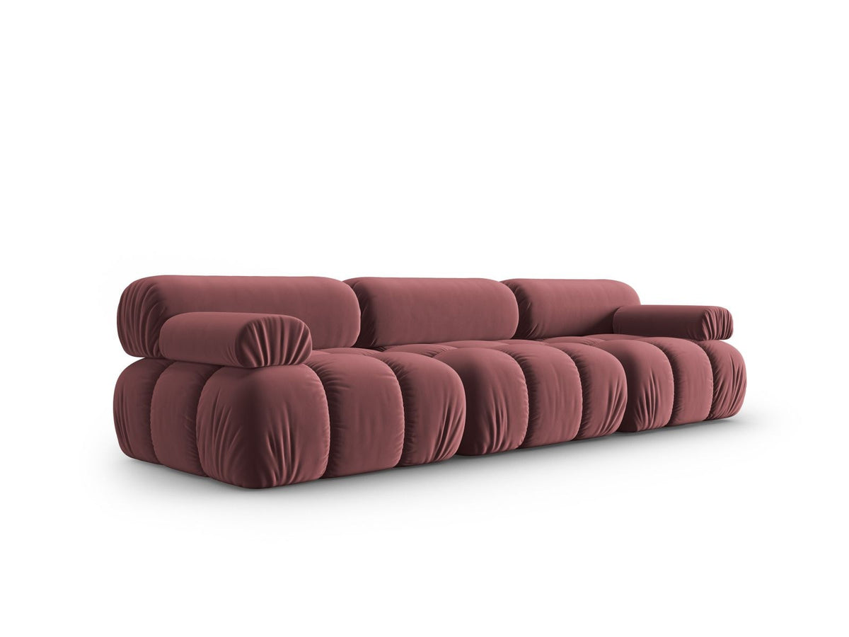 Modulares 3-Sitzer Sofa Cortina in Pink-Bluvel Samtstoff mit schwarzen Kunststoffbeinen, Massivholzrahmen, Sitzfläche 230 cm breit.