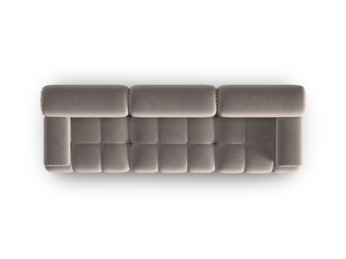 Modulares 3-Sitzer Sofa Cortina in Pink-Bluvel Samtstoff mit schwarzen Kunststoffbeinen, Massivholzrahmen, Sitzfläche 230 cm breit.