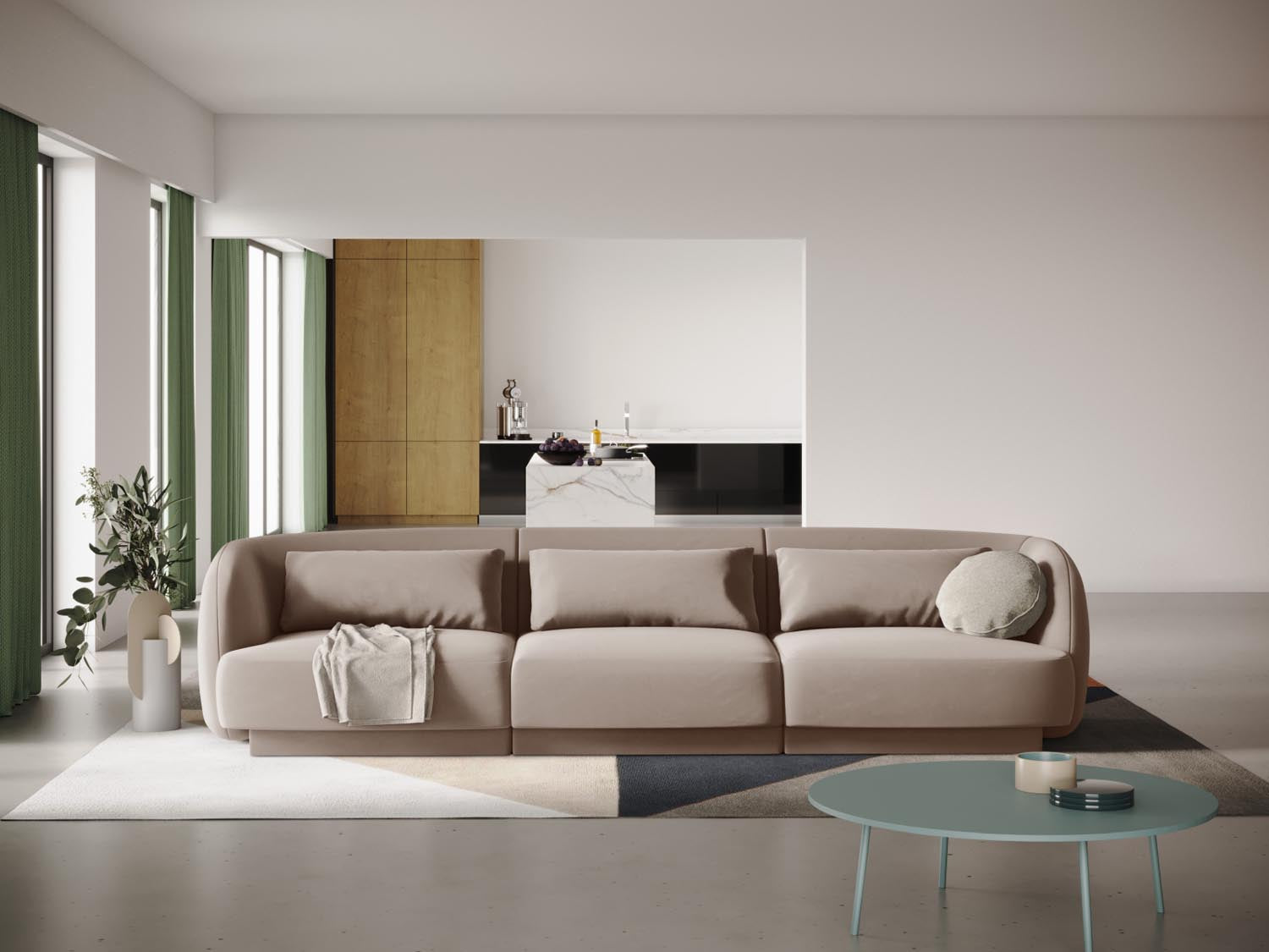 Erleben Sie das elegante Tulum Velour Sofa 3 Sitzer von Cosmopolitan Design – ideal für stilvolle Wohnräume und höchsten Komfort.