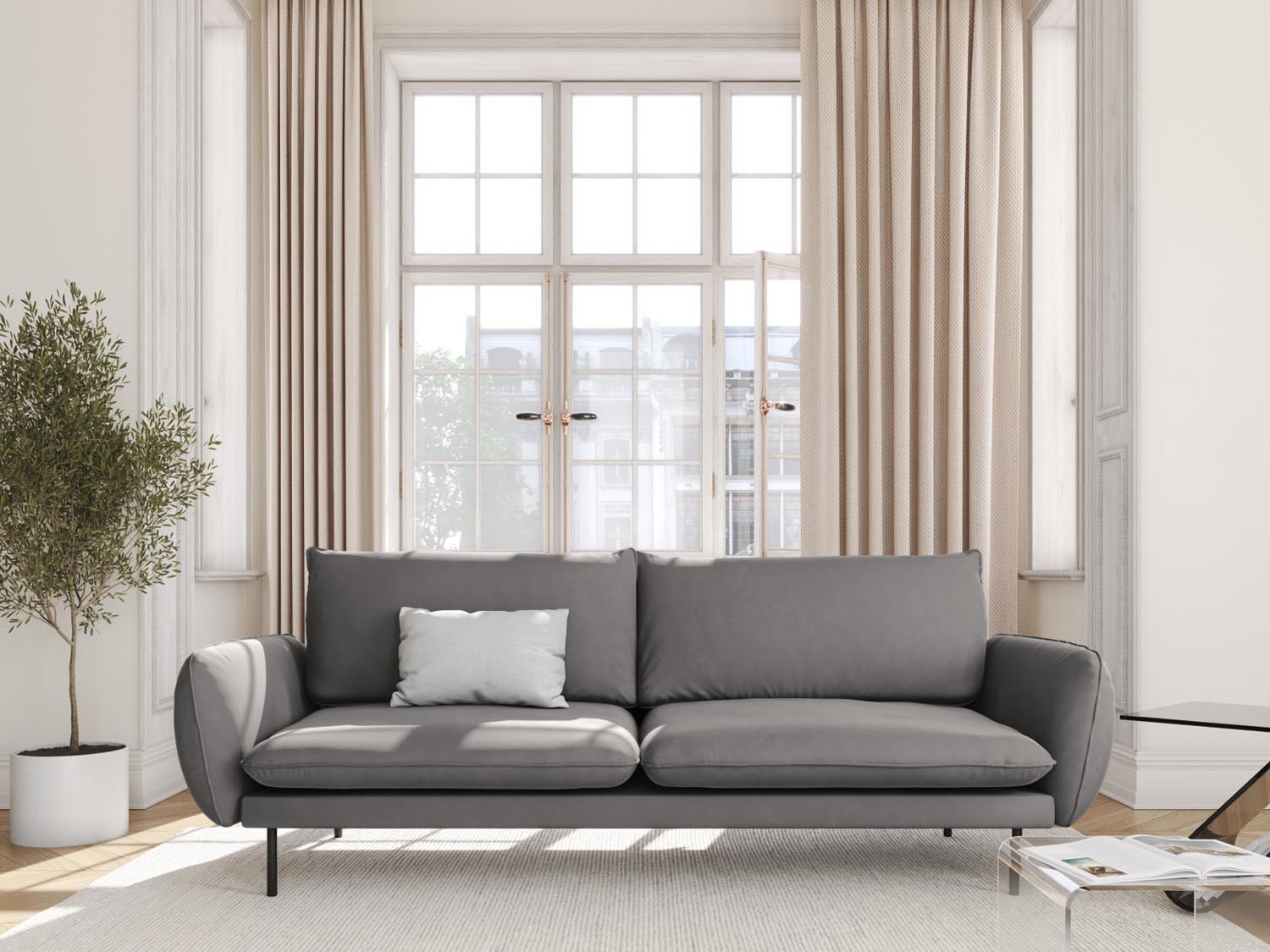 Elegantes 3-Sitzer Sofa "Vienna" in Velours, 92 cm, in sanftem Hellgrau und Schwarz-Bluvel, ideal für stilvolle Wohnräume.