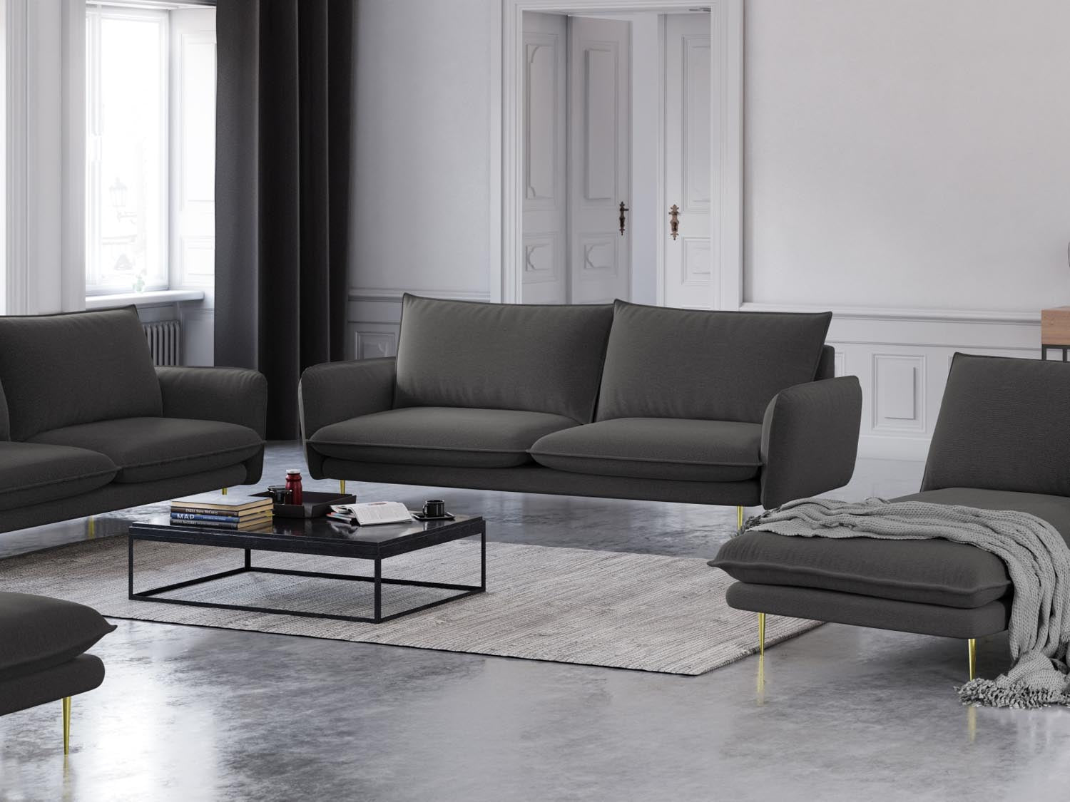 Elegantes 3-Sitzer Sofa "Vienna" in Dunkelgrau mit goldenen Akzenten, ideal für stilvolle Wohnräume und gemütliche Abende.