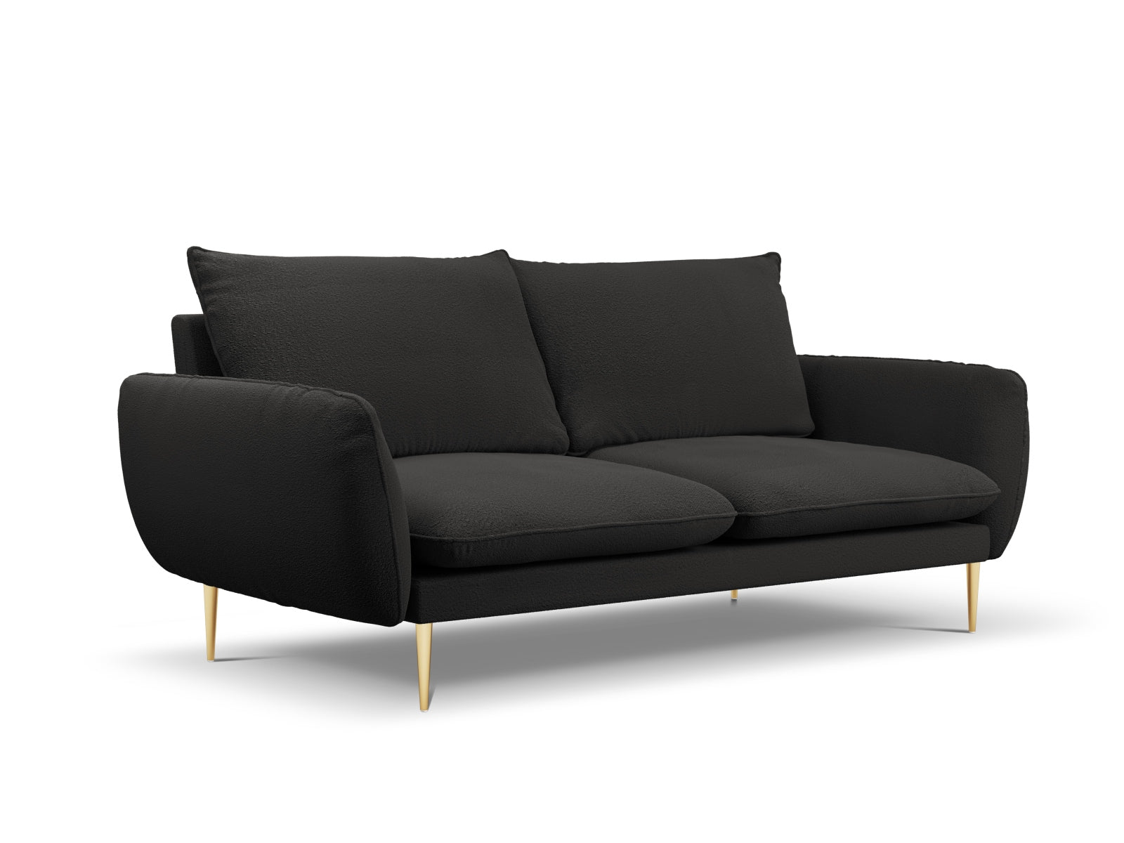 Stilvolles 3-Sitzer Sofa im Boucle-Stil, schwarz mit goldenen Details, perfekt für moderne Wohnräume und gemütliche Abende.