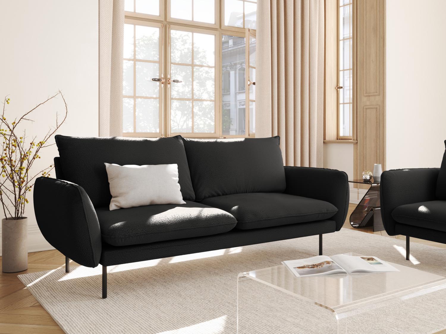 Elegantes 3-Sitzer Sofa in Boucle-Optik von Cosmopolitan Design. Ideal für kleine Räume, bietet hohen Komfort und stilvolles Design.