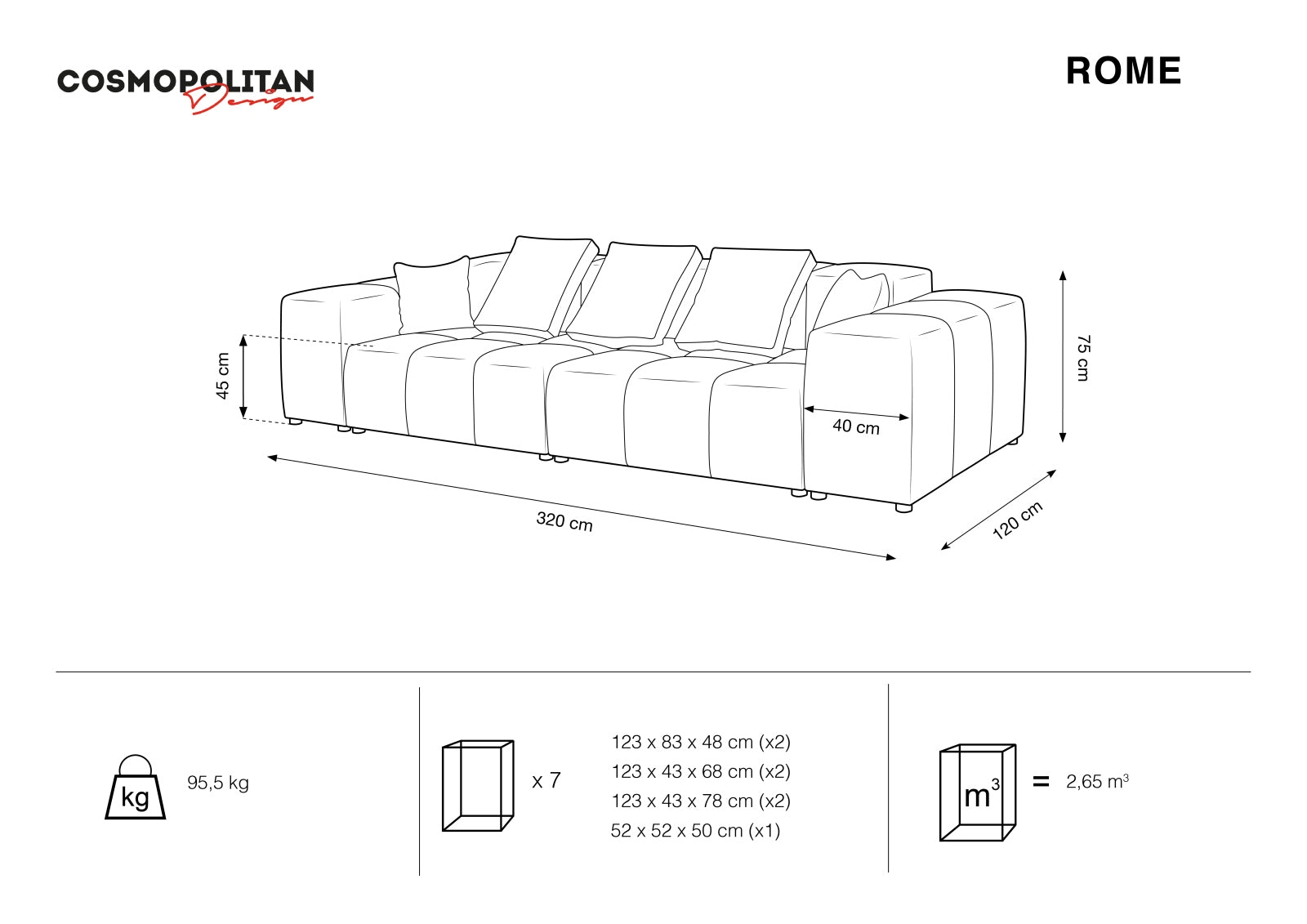 Rome Modular Sofa 3 Sitzer in Light Grey-Babel präsentiert im Onlineshop von KAQTU Design AG. 3er Sofa ist von Cosmopolitan Design