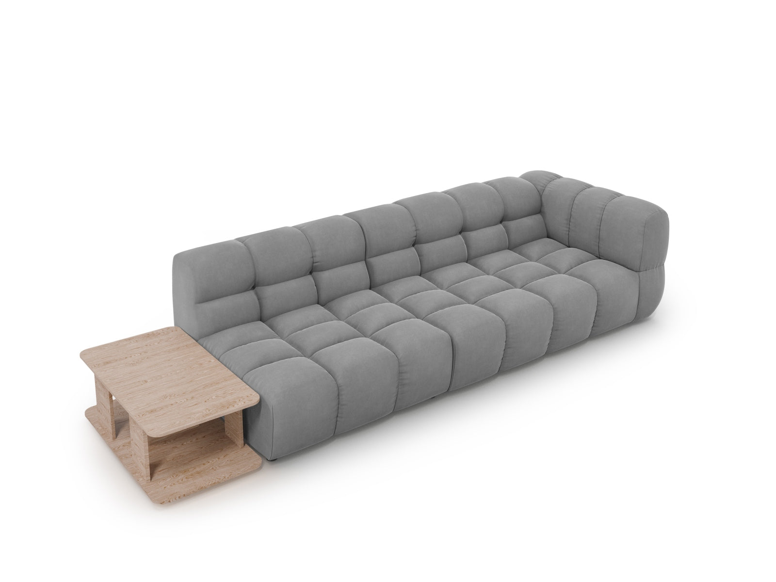 Erleben Sie das Sky Velour Sofa links, ein modulares 4-Sitzer-Möbelstück, das Stil und Funktionalität vereint. Perfekt für Ihr modernes Wohnzimmer!
